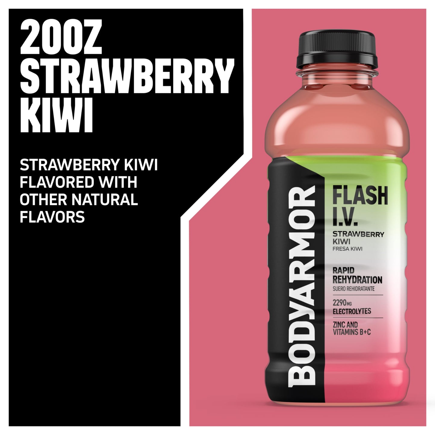 BODYARMOR Flash I.V. Electrolyte Beverage, Strawberry Kiwi, Hydration Drink with Coconut Water For Rapid Rehydration, Post Workout Recovery, 20 Fl Oz