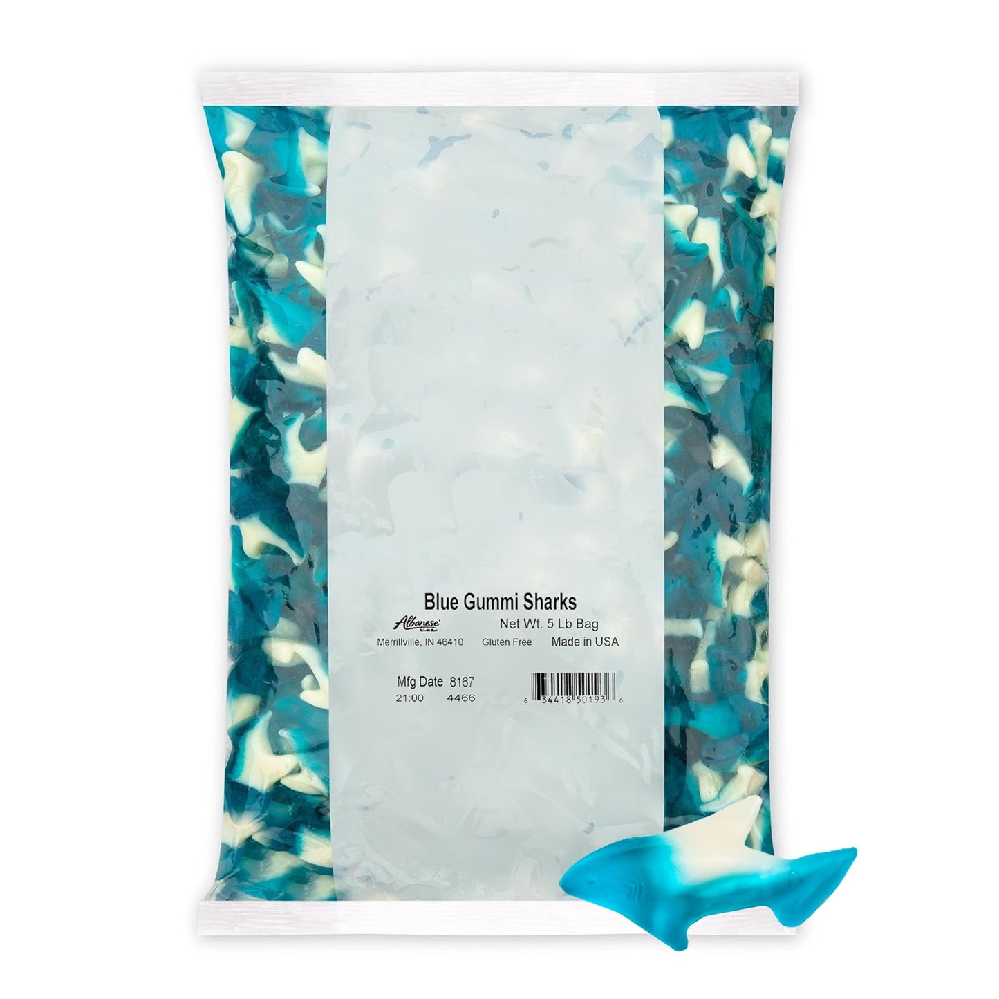 Albanese World's Best Blue Gummi Sharks | 5lbs of Candy | Gluten Free, Fat Free, Soft and Chewy Gummy | Firecracker Pop Flavor: Cherry, Lemon-Lime