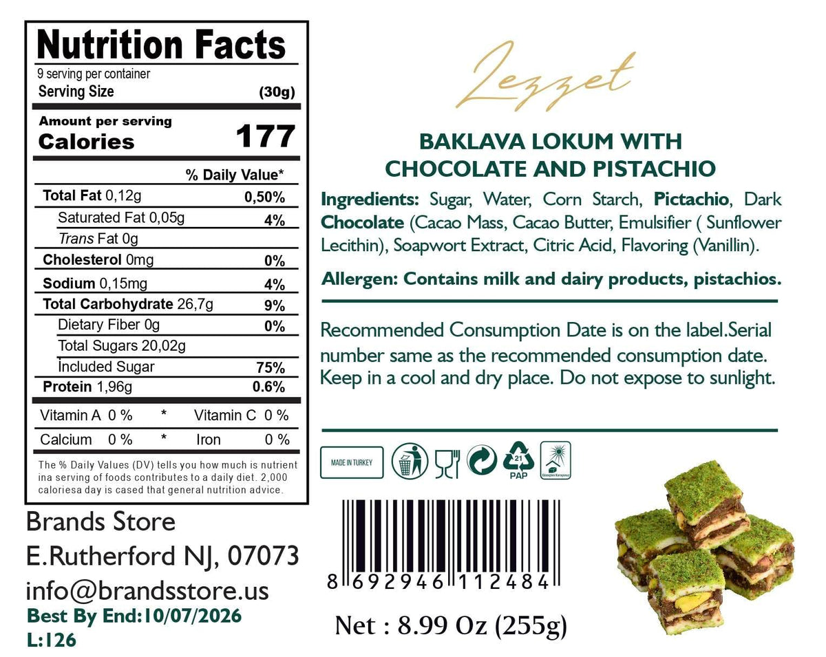 Lezzet, Handmade Baklava-Style Turkish Delight, Chocolate & Pistachio Lokum, 9 Pieces, Premium Dessert Treat, 8.99 oz (255gr)