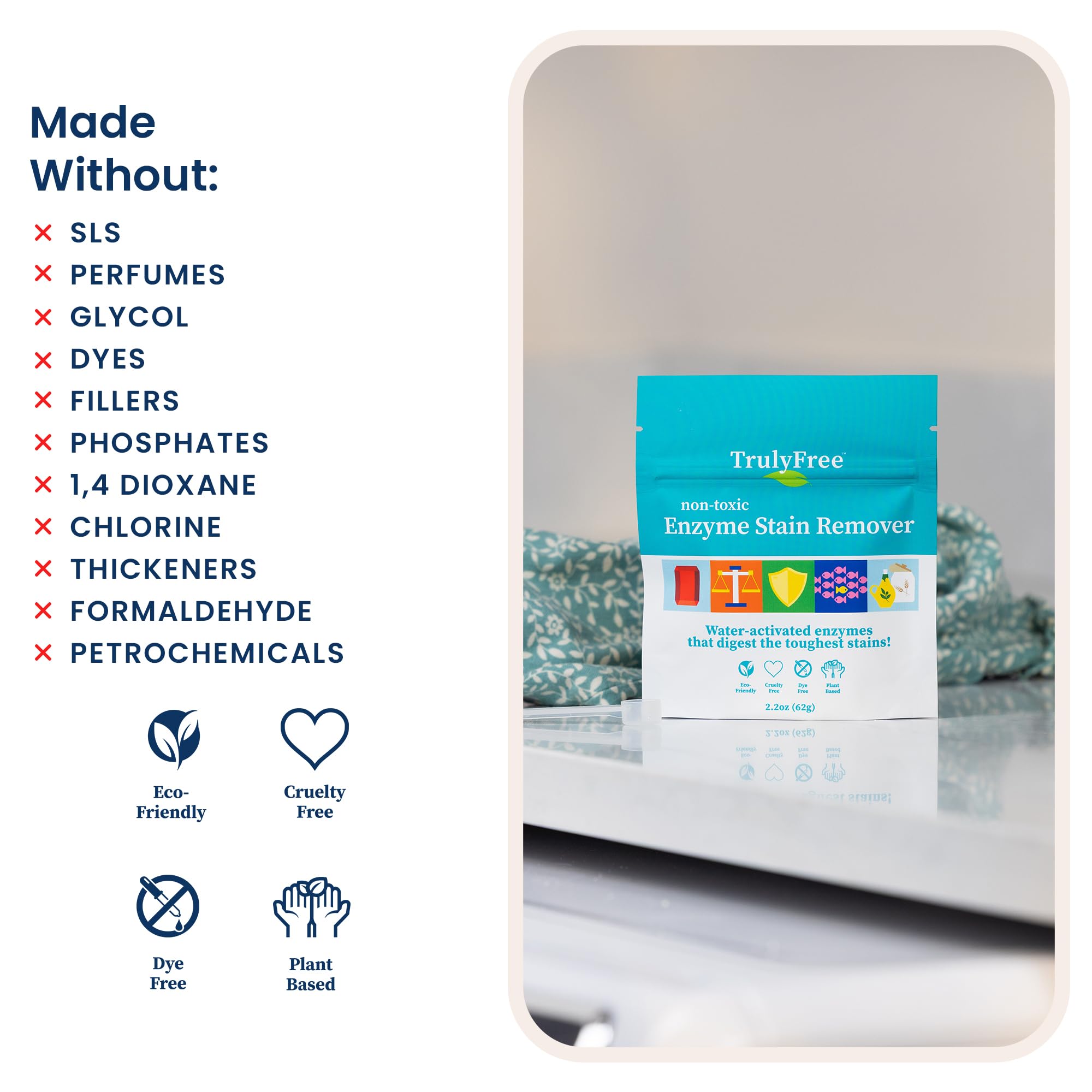 Truly Free Enzyme Laundry Stain Remover - Natural Laundry Detergent Booster for Blood, Grass, Pet Urine & Odor - Biological Washing Powder