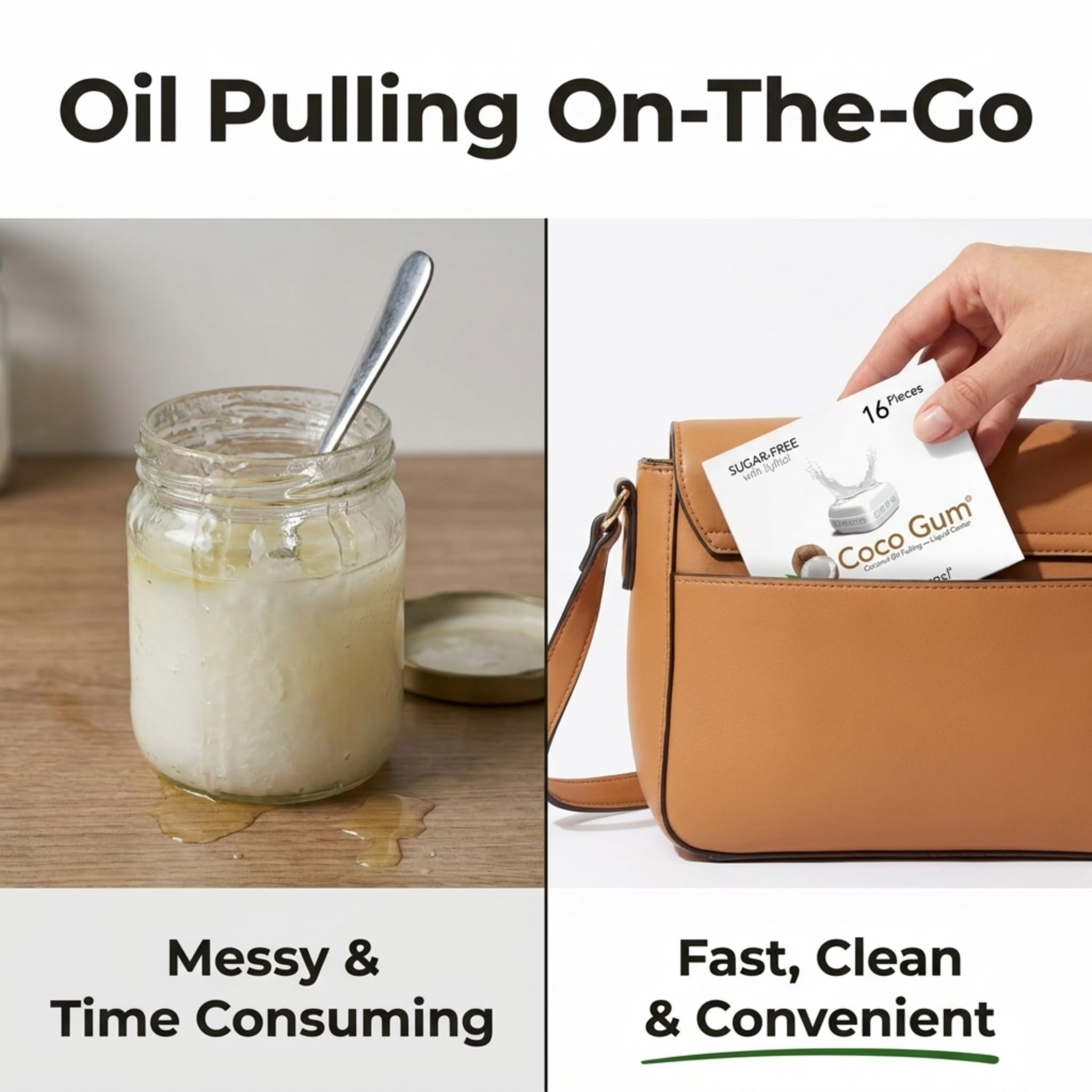 CocoGum - Mint Flavored chewing gum, Coconut Oil Pulling On the Go! Featuring a liquid center with MCT Oil that naturally whitens teeth, freshens