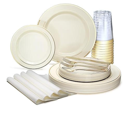 " OCCASIONS " 200Piece set (25 Guests)-Heavyweight Wedding Party Disposable Plastic Plate Set -25 x 10.5'' + 25 x 7.5'' + Silverware + Cups +linen