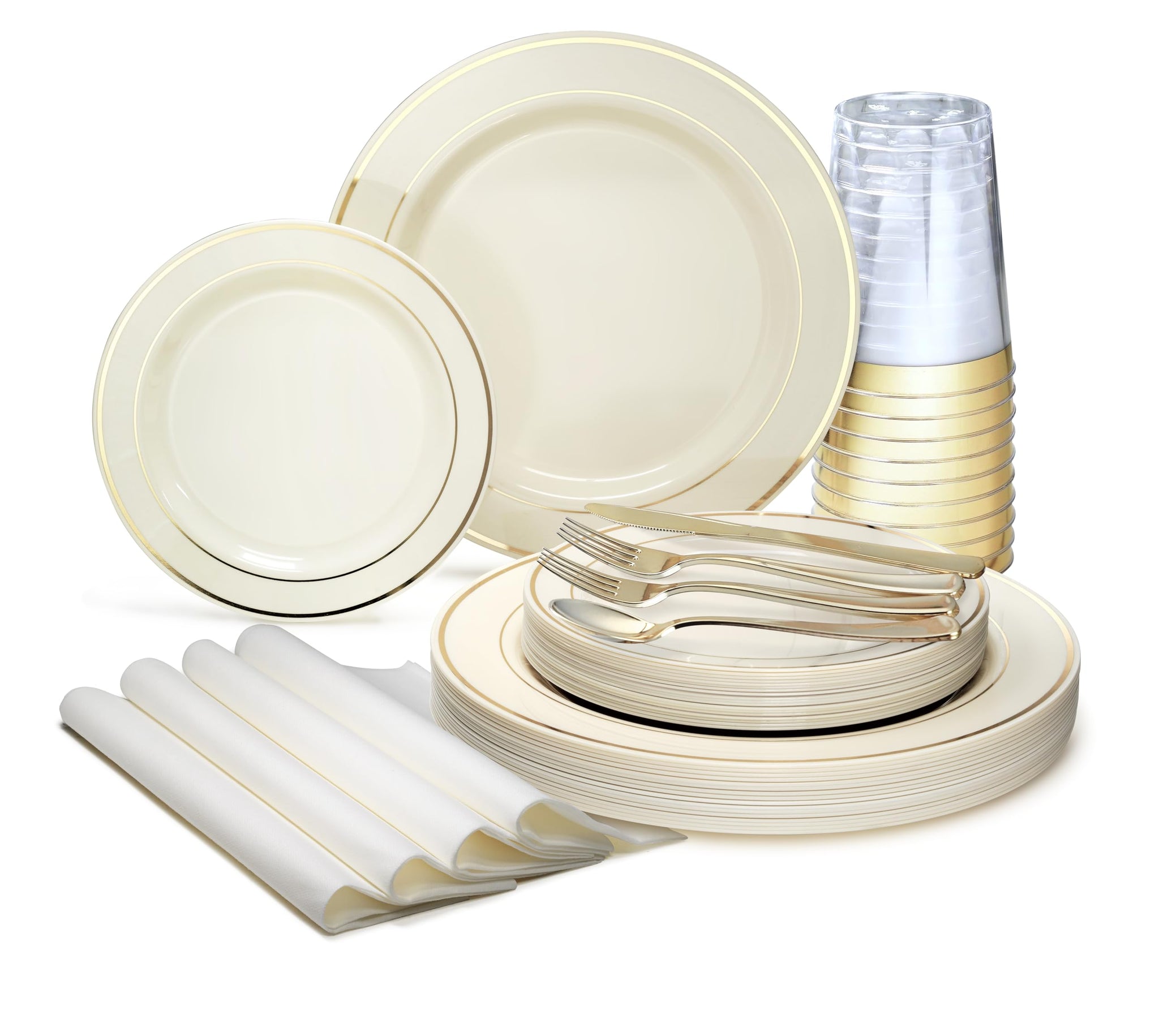 " OCCASIONS " 200Piece set (25 Guests)-Heavyweight Wedding Party Disposable Plastic Plate Set -25 x 10.5'' + 25 x 7.5'' + Silverware + Cups +linen