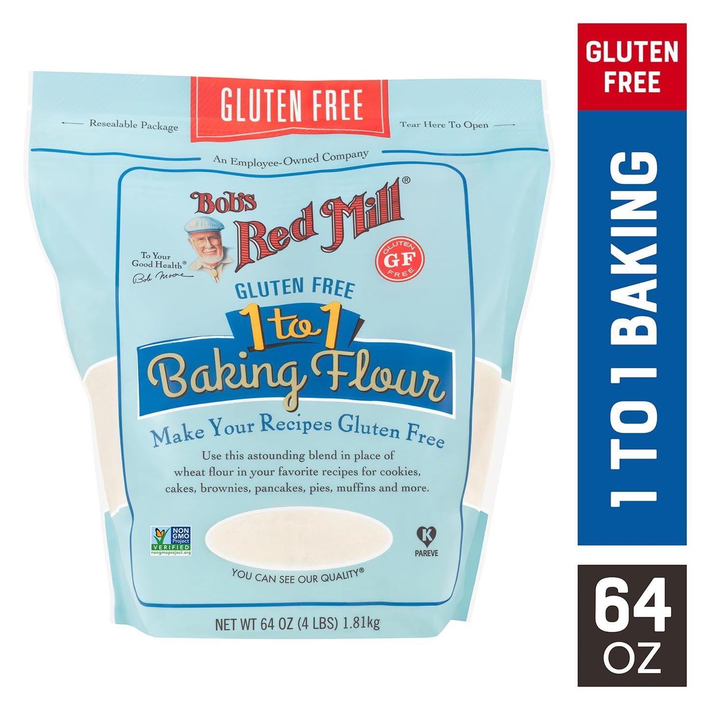 Bob's Red Mill Gluten Free 1 to 1 Baking Flour, 64oz (Pack of 1) - Non GMO, Vegan, Kosher