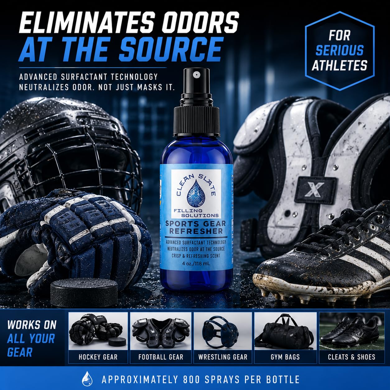Clean Slate Sports Gear Refresher - Eliminates Odors at the Source, Breaks Down Sweat & Salt Buildup - For Hockey Gear, Football Pads, Cleats, Gloves