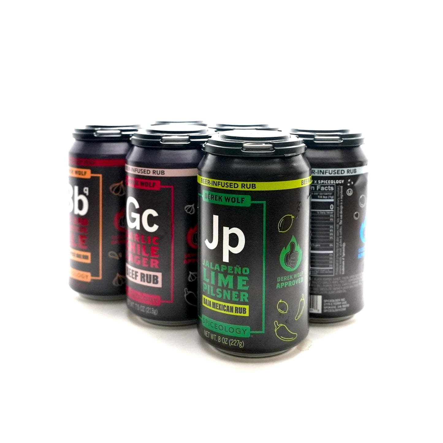 Spiceology - Derek Wolf 6-Pack Beer-Infused BBQ Rub Set - Garlic Chile Lager, Jalapeño Lime Pilsner, Sweet Carolina Blonde, Sticky Bourbon Brown Ale