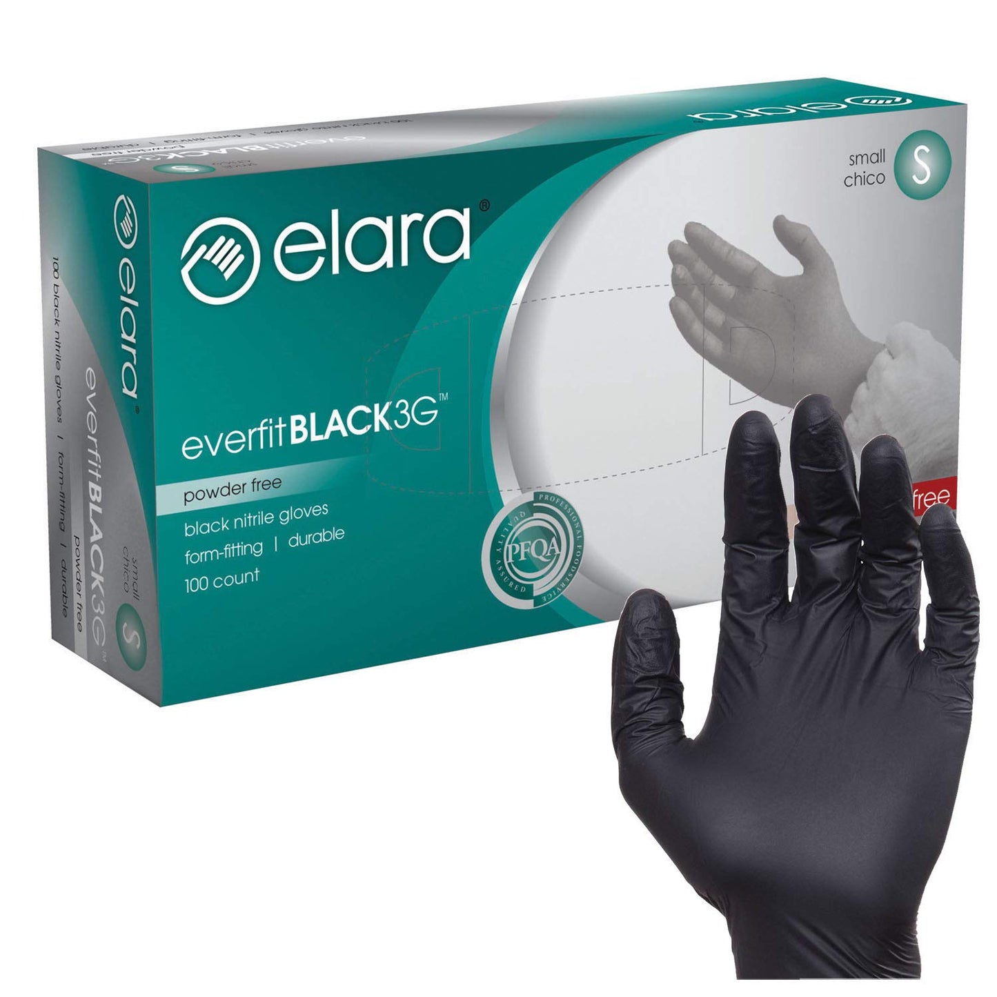 Elara FNE301BK EverfitBLACK3G Nitrile Disposable Gloves, 3 mil, Black, Powder Free, Food Safe, Non-Latex, Size Small, Box of 100