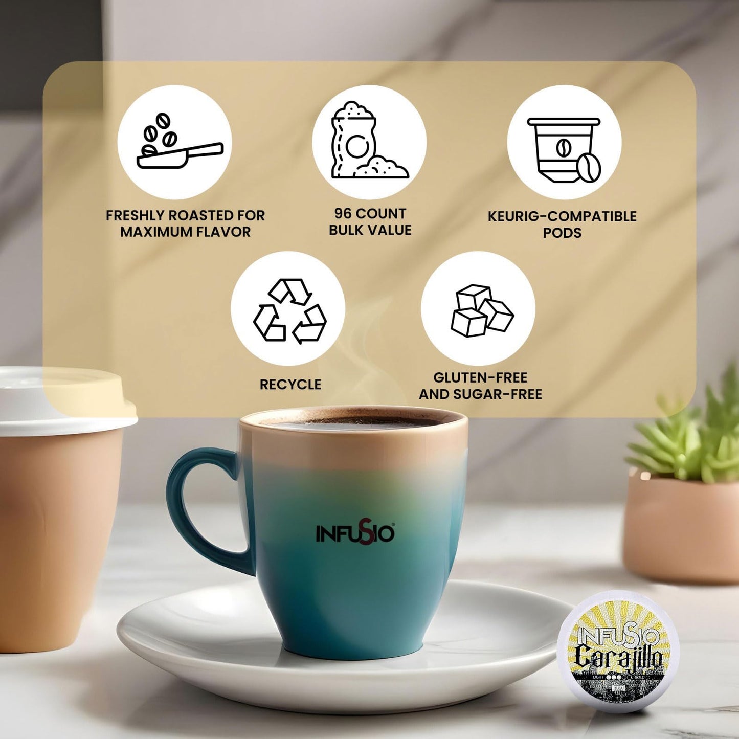 InfuSio Coffee Pods 96 Count Carajillo Flavored Medium Roast Single serve Coffee pods for Keurig K Cups Brewers - InfuSio Premium Roasted Keurig 2.0
