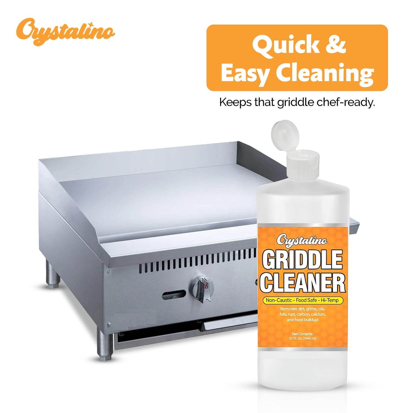 Crystalino Flat Top Grill Cleaner (32 Fl Oz), Removes Grease, Rust, Fats, Carbon, and Calcium, Griddle Cleaning Kit, Use on Stainless Steel as Wolf
