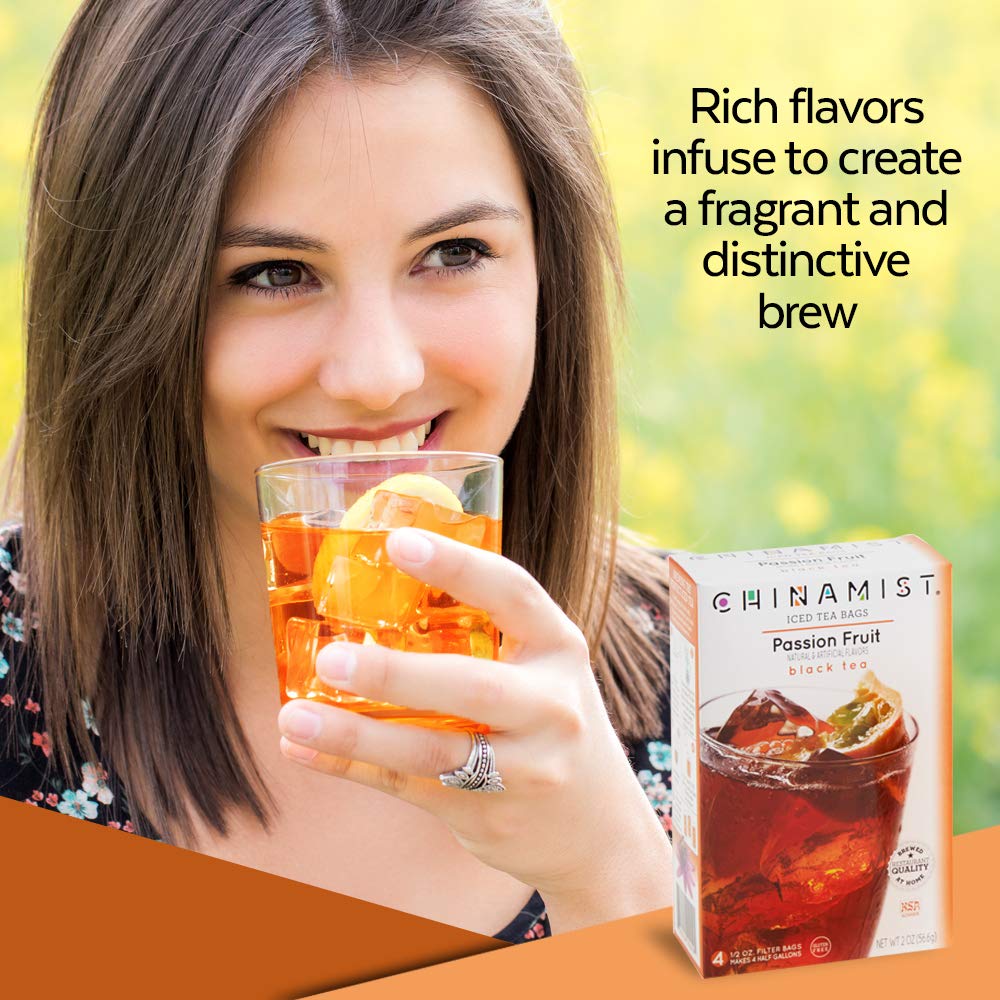China Mist Iced Tea - Passion Fruit Black Tea Infusion - Refreshing and Delicious - Each Tea Bag Yields 1/2 Gallon - 4 bags