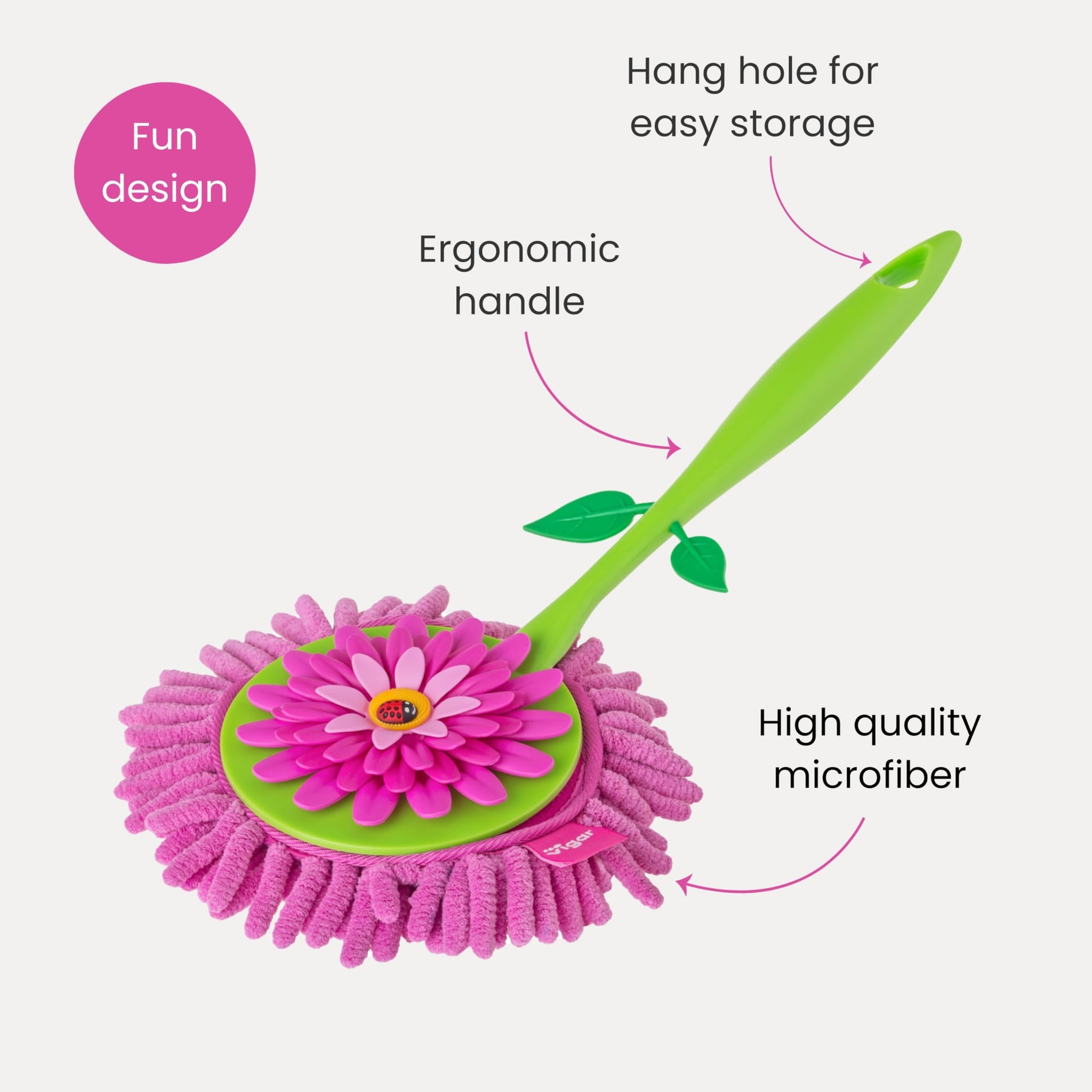 Vigar Flower Power Microfiber Duster with Non-Slip Handle - Washable Reusable Duster Head, Dust Cloth for Cleaning Furniture and Delicate Surfaces