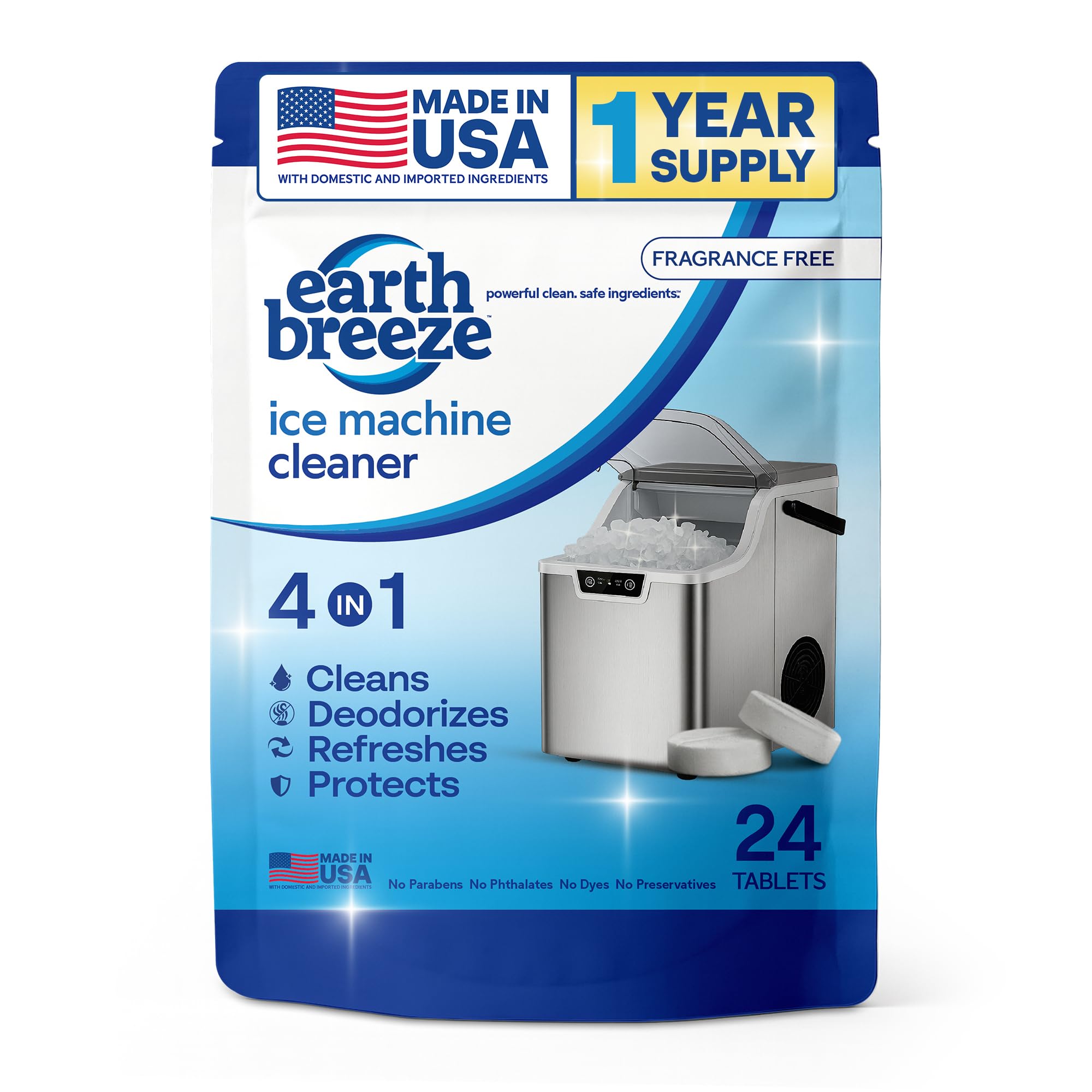 Earth Breeze Ice Machine Cleaner Tablets - 4-in-1 Cleans, Deodorizes, Refreshes & Protects - Fragrance Free, No Harsh Chemicals - Ice Maker Cleaner