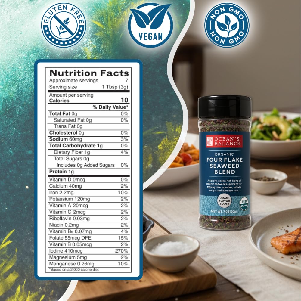 Ocean's Balance Organic Four Flake Seaweed Blend, perfect for topping rice, noodles, salads, soups, and avocado toast.(0.7oz)