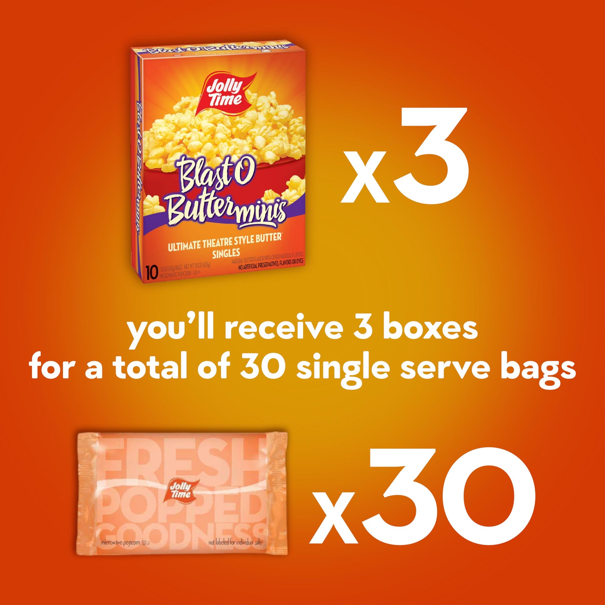 Jolly Time Blast O Butter, Ultimate Movie Theater Butter Microwave Popcorn, 1.5oz Personal Bag, 10 Bags Per Carton (Blast O Butter Minis, 1.5 Ounce