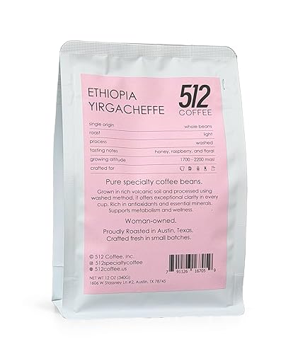 512 Coffee Ethiopia Yirgacheffe Light Roast Whole Bean - Single Origin Specialty Coffee with Tasting Notes of Raspberry, Honey & Floral - Fresh