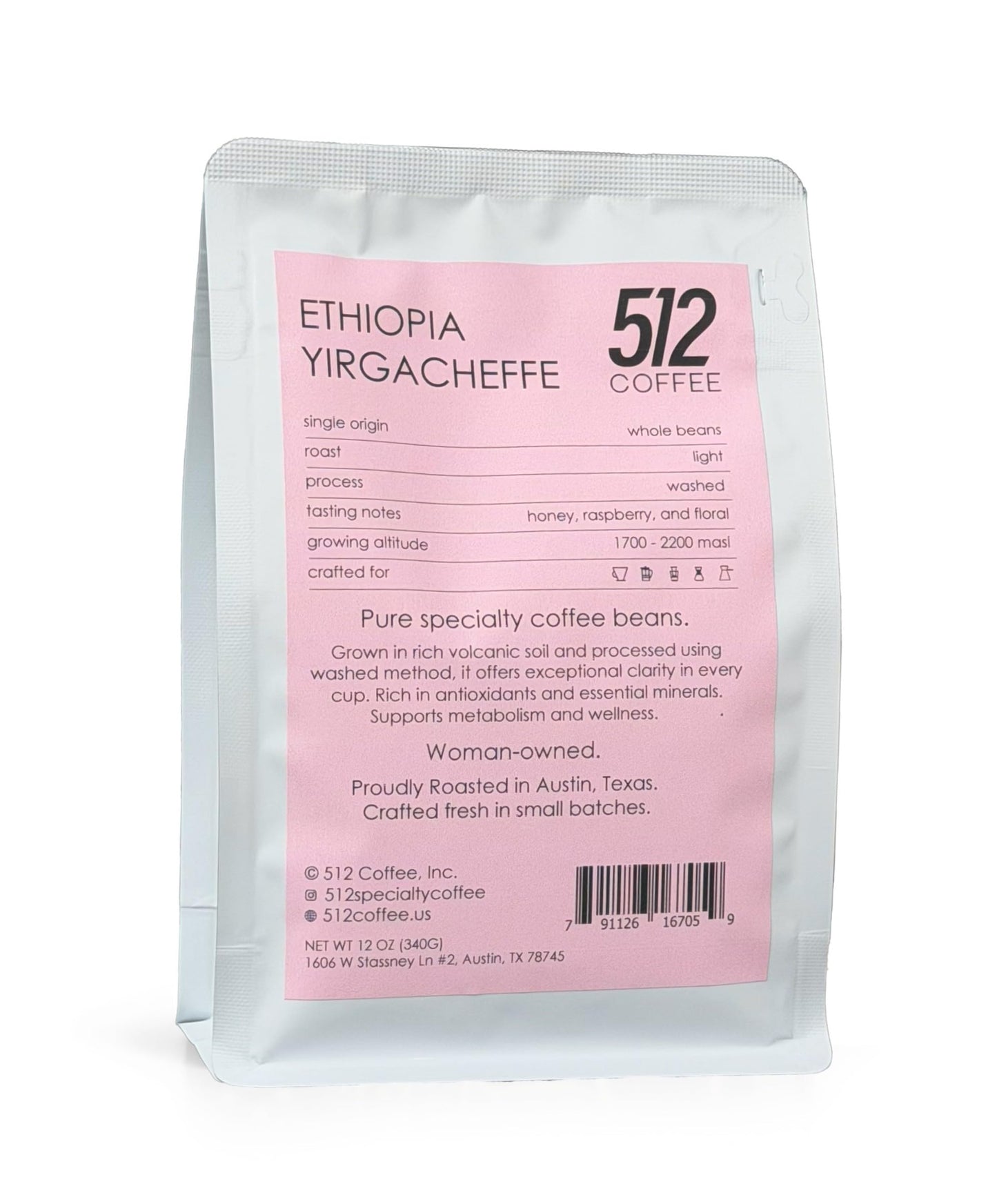 512 Coffee Ethiopia Yirgacheffe Light Roast Whole Bean - Single Origin Specialty Coffee with Tasting Notes of Raspberry, Honey & Floral - Fresh