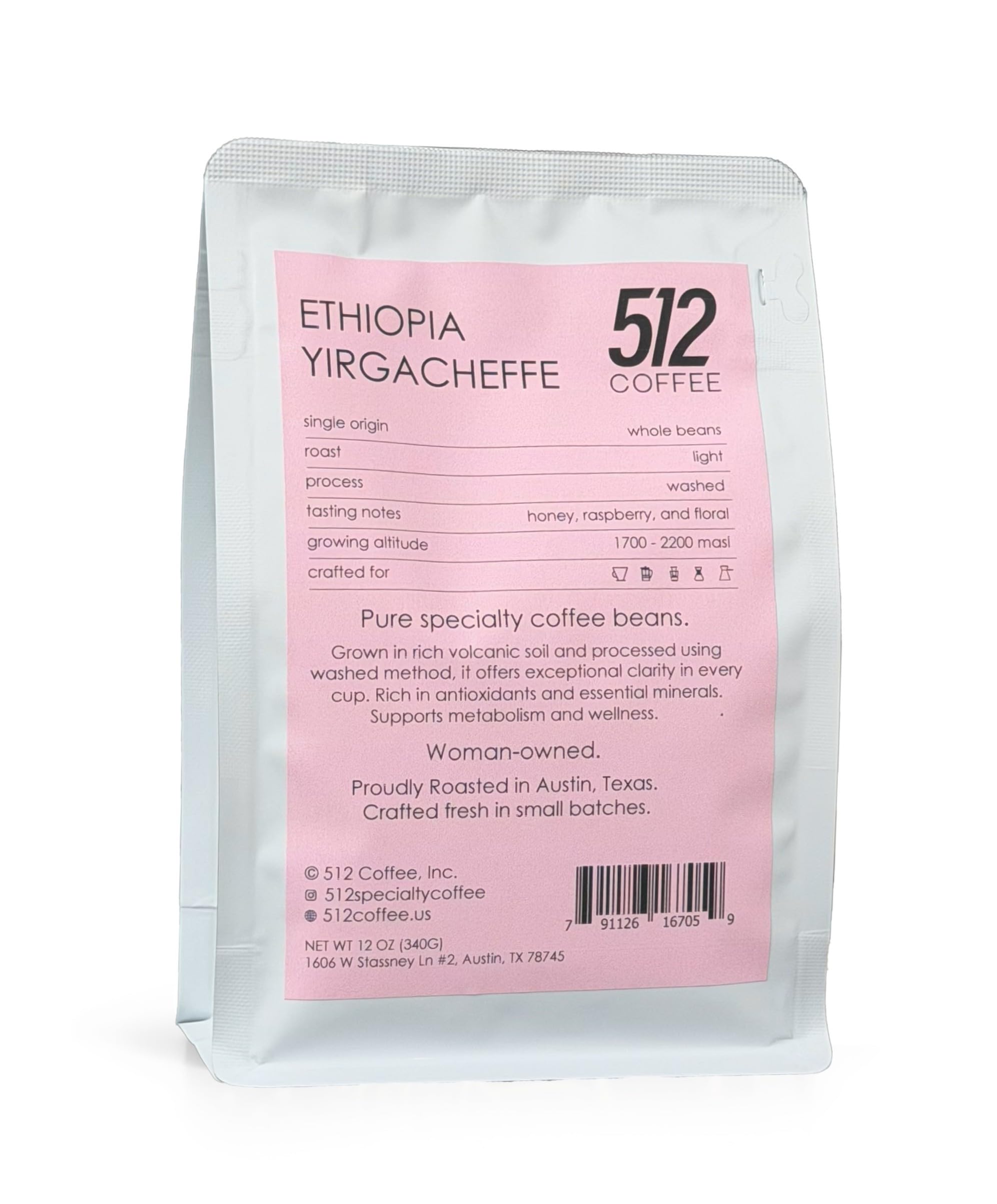 512 Coffee Ethiopia Yirgacheffe Light Roast Whole Bean - Single Origin Specialty Coffee with Tasting Notes of Raspberry, Honey & Floral - Fresh