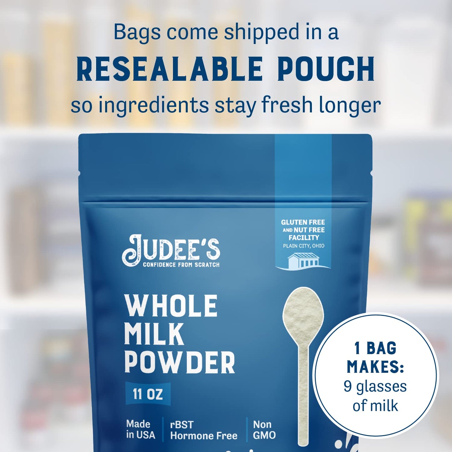 Judee's Gluten Free Whole Milk Powder - Creamy Instant Milk Powder for Baking Pancakes & Bread - Shelf-Stable Blend for Travel & Camping - 11 oz, Pack of 1