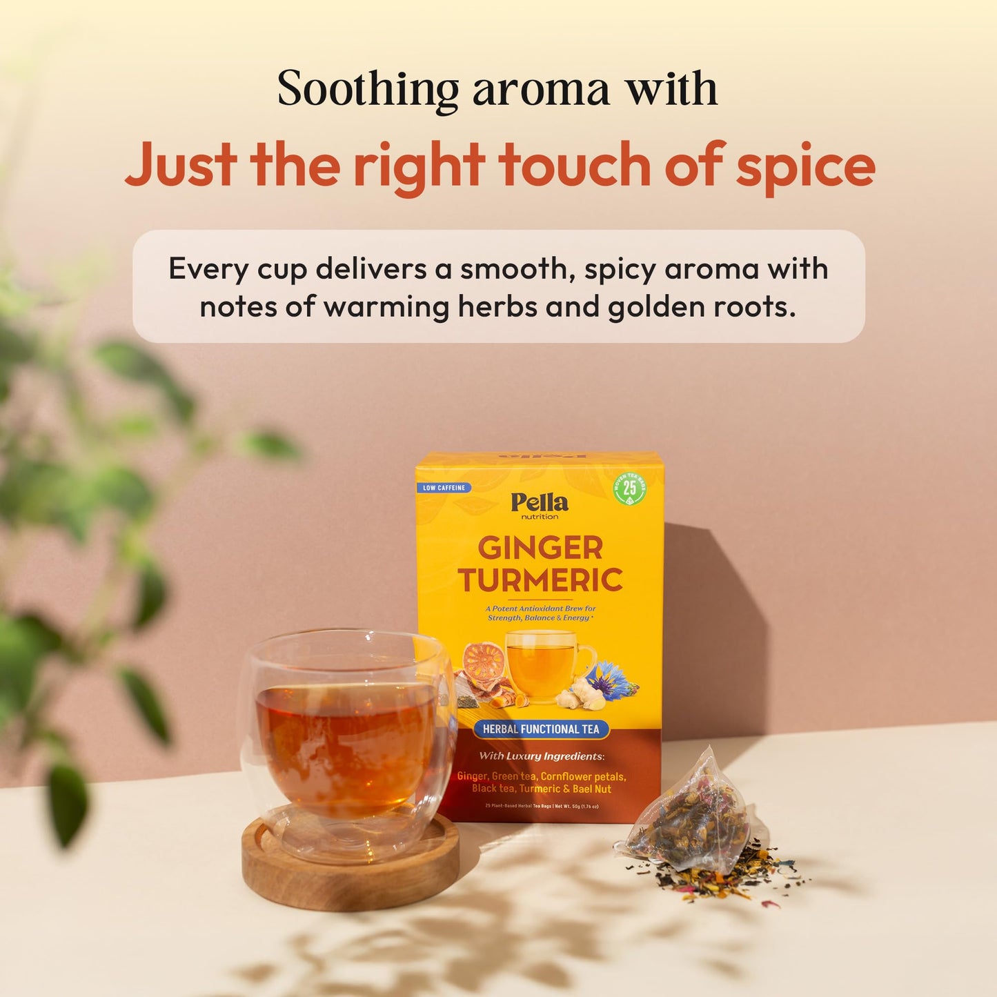 Ginger Turmeric with Black & Green Tea - Blended with Bael Nut & Cornflower Petals - Vegan, Kosher, Non-GMO Low Caffeine - Hot or Iced Herbal Drink