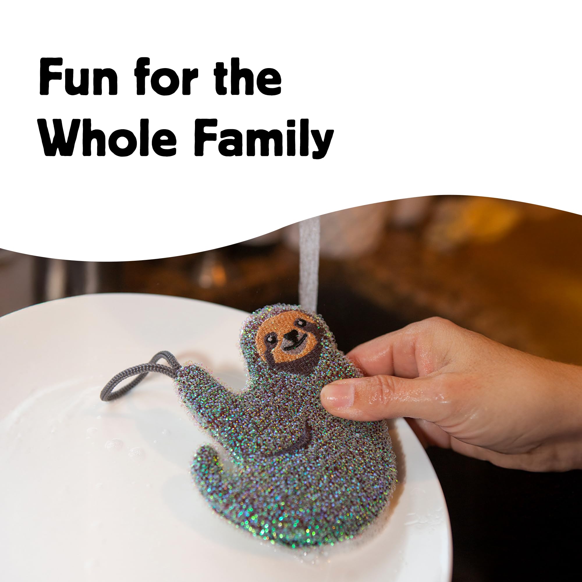 Kikkerland Reusable Sloth Scrub Sponge - Cleaning Supplies for Kitchen, Home Essentials - Fun Gifts for Kids & Adults - Set of 3