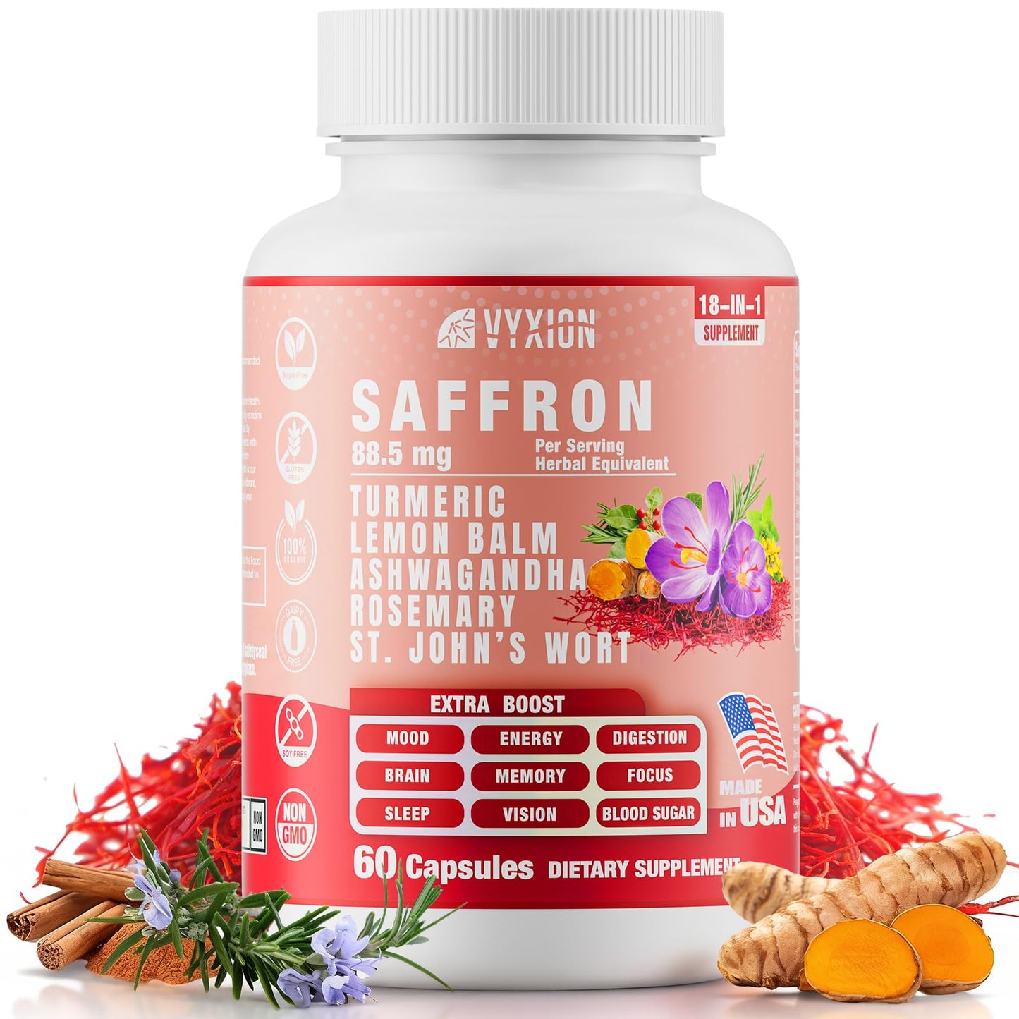 Vyxion 18-in-1 Saffron Supplements, Extract 88.5mg Saffron Support for Energy & Mood, Eye Health, Turmeric & Ashwagandha, 1 Month Supply, 60 Capsules
