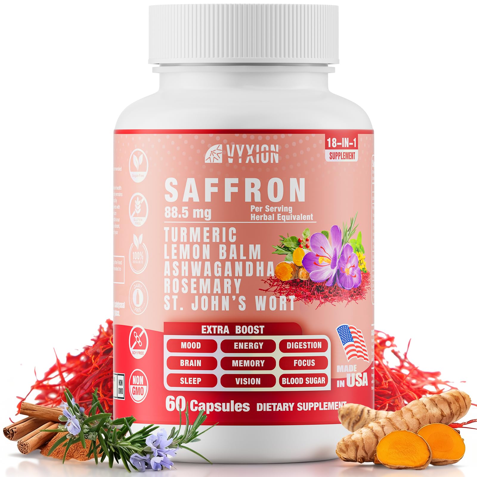 Vyxion 18-in-1 Saffron Supplements, Extract 88.5mg Saffron Support for Energy & Mood, Eye Health, Turmeric & Ashwagandha, 1 Month Supply, 60 Capsules