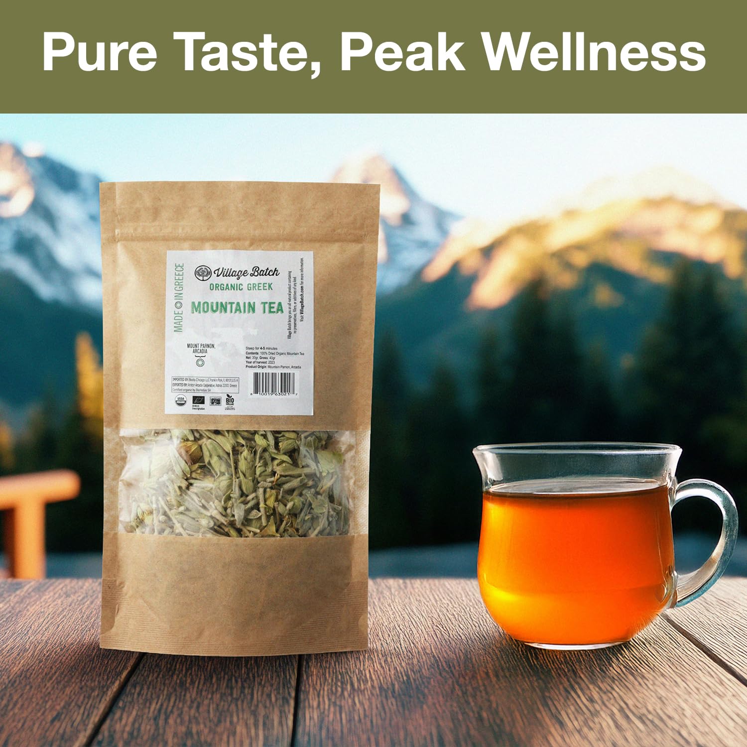 Village Batch Organic Greek Mountain Tea 1.06 Ounce (Pack of 1) Loose Leaf, Hand-Harvested Herbal Tea from Mt. Parnon, Greece, Naturally Caffeine-Free