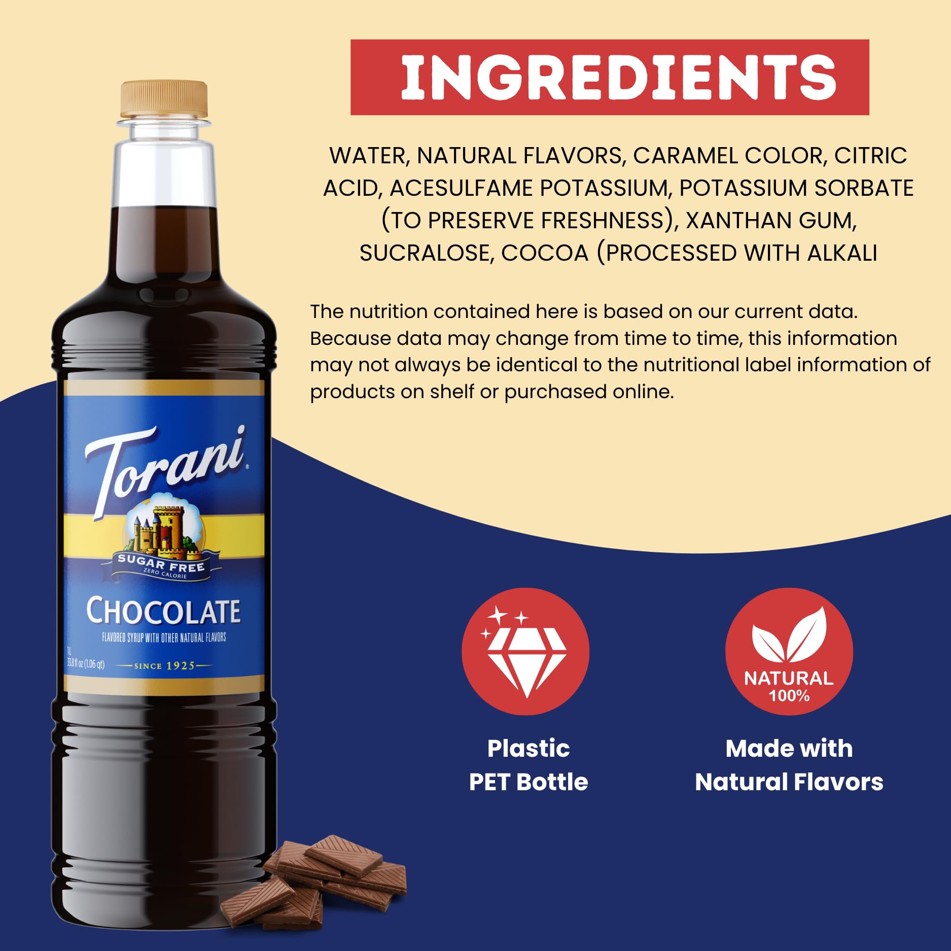 Torani Sugar Free Chocolate Syrup 1 Liter Bottle with Pump Dispenser - Zero Sugar, Zero Calories, Keto Friendly, Gluten Free Chocolate Flavor