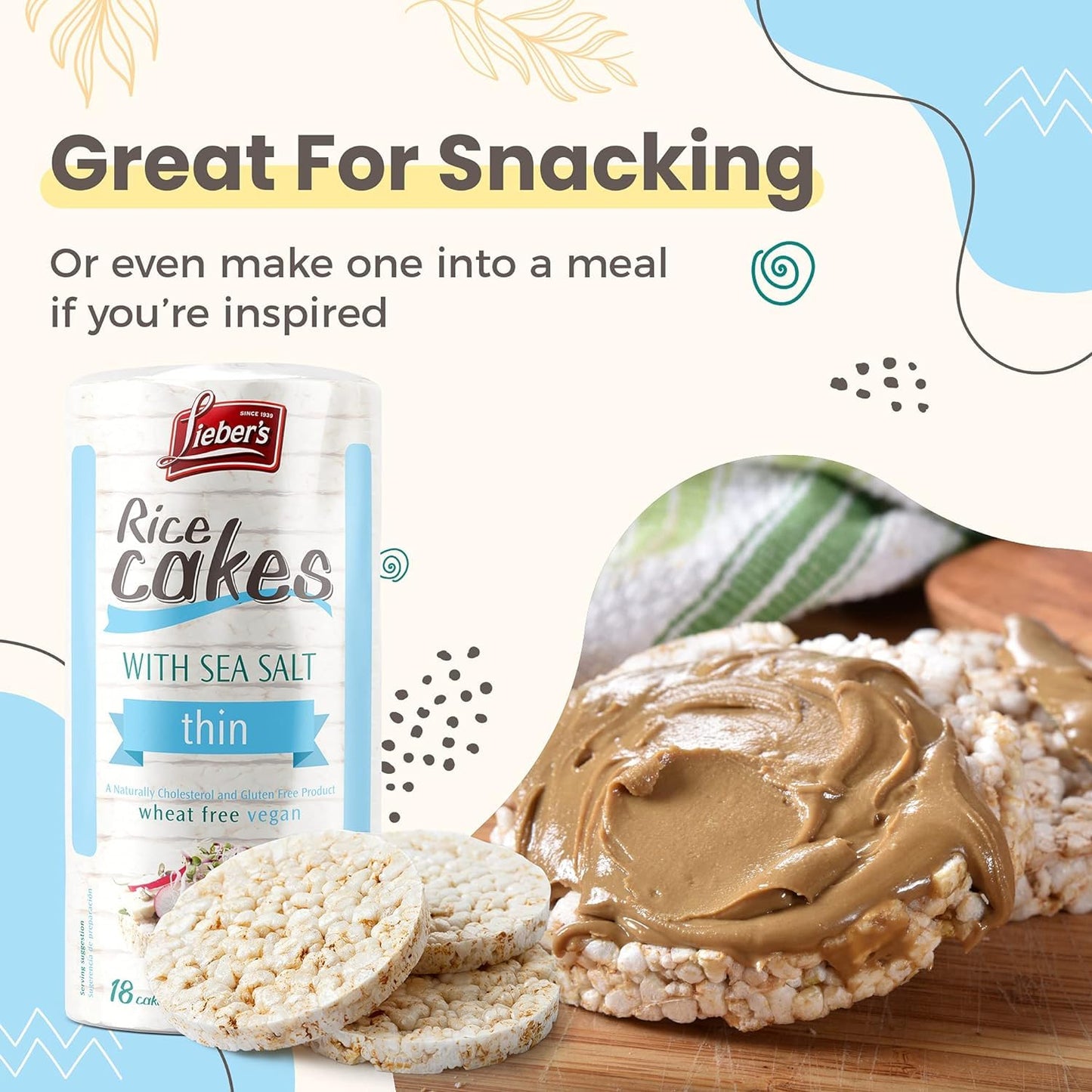 LIEBERS Snack Sea Salt Rice Cakes, Dairy Free, Wheat Free, Gluten Free, And Vegan options Kosher Certified, (3-Pack)
