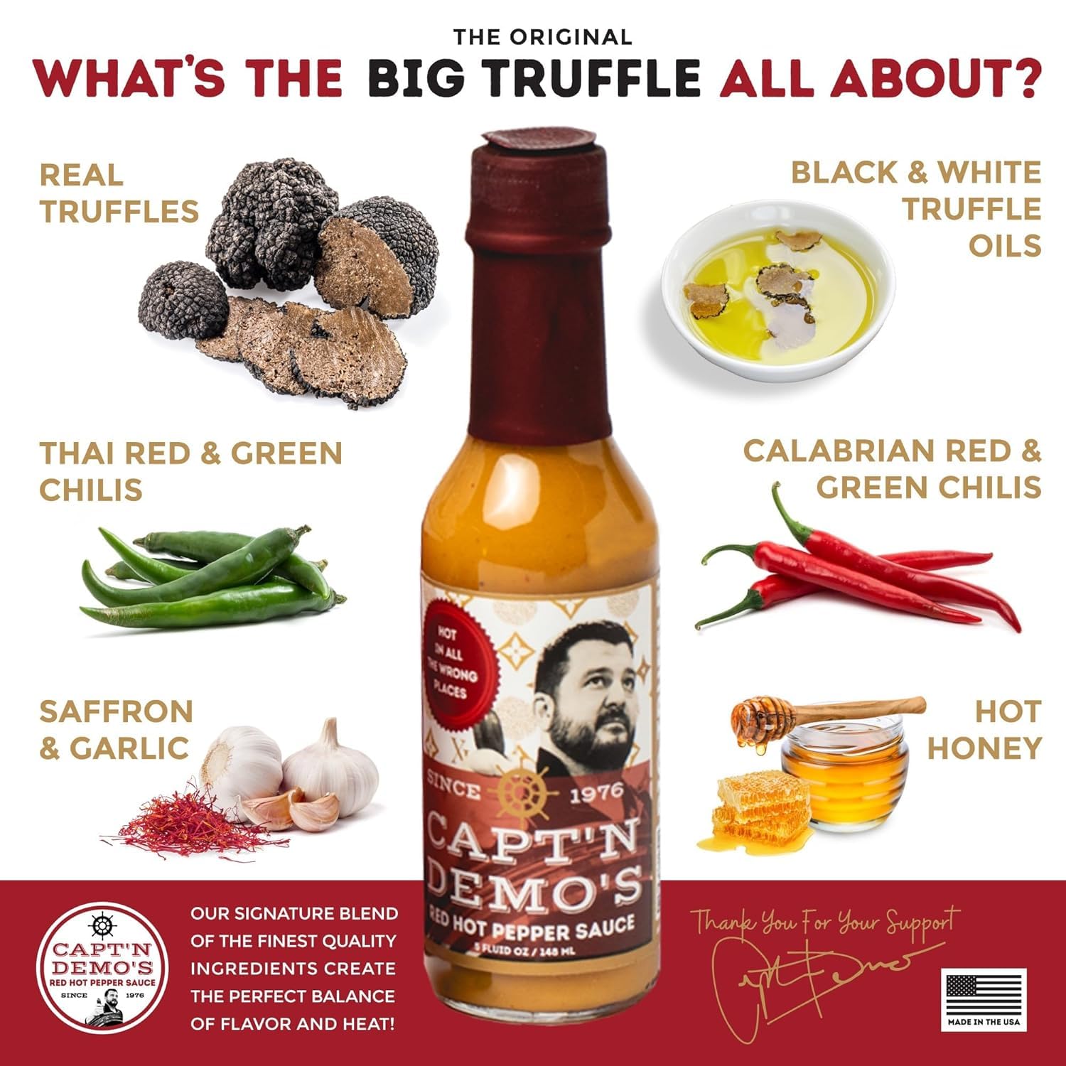 CAPT’N DEMO’S Truffle Hot Sauce BIG TRUFFLE FLASK - Gourmet Red Sauce with Real White & Black Truffle - Hot Honey Garlic Blend - Small Batch Luxury