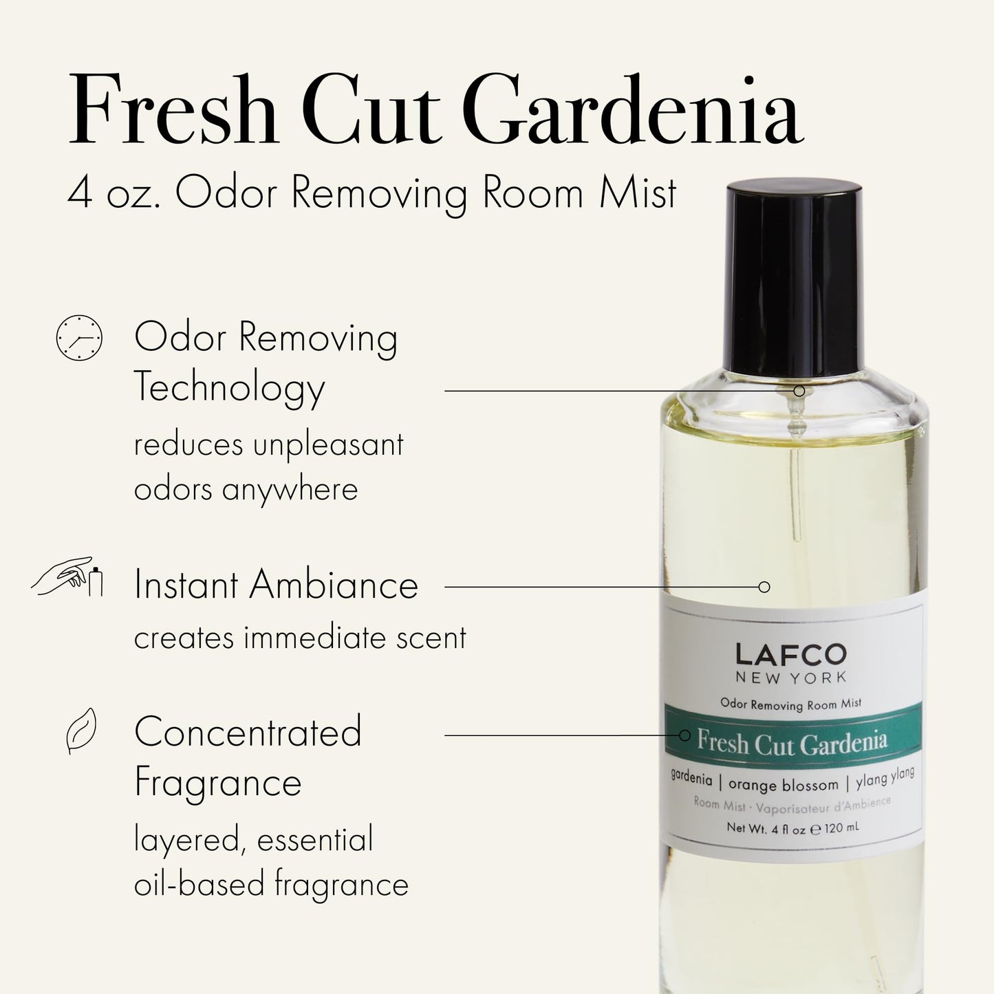 LAFCO New York Odor Removing Room Mist, Fresh Cut Gardenia - 4 oz - Eliminates Unpleasant Scents & Provides Luxurious Fragrance - Up to 750 Pump