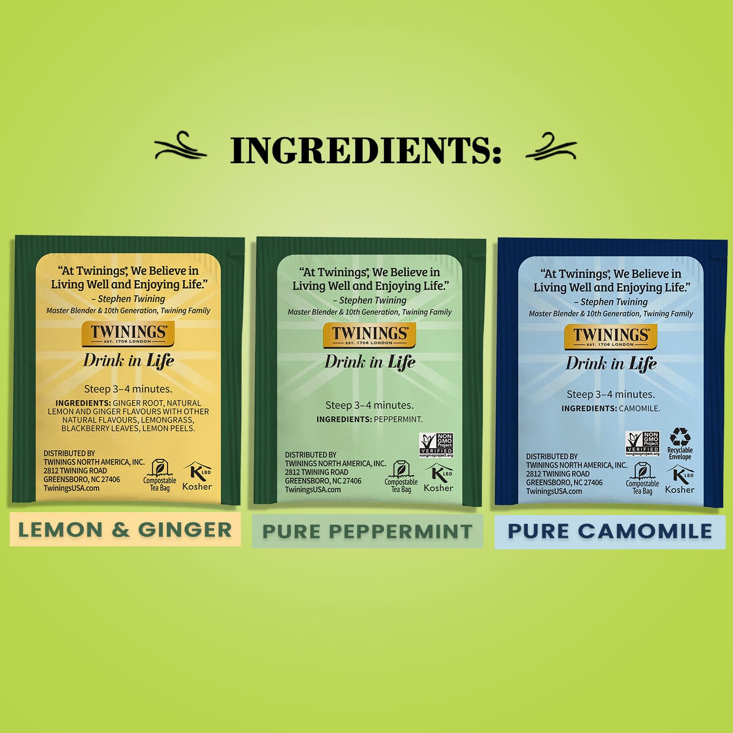 Twinings Herbal Tea Variety 3-Pack - Pure Peppermint, Pure Camomile + Lemon & Ginger Tea Bags, Naturally Caffeine-Free, 20 Count Each
