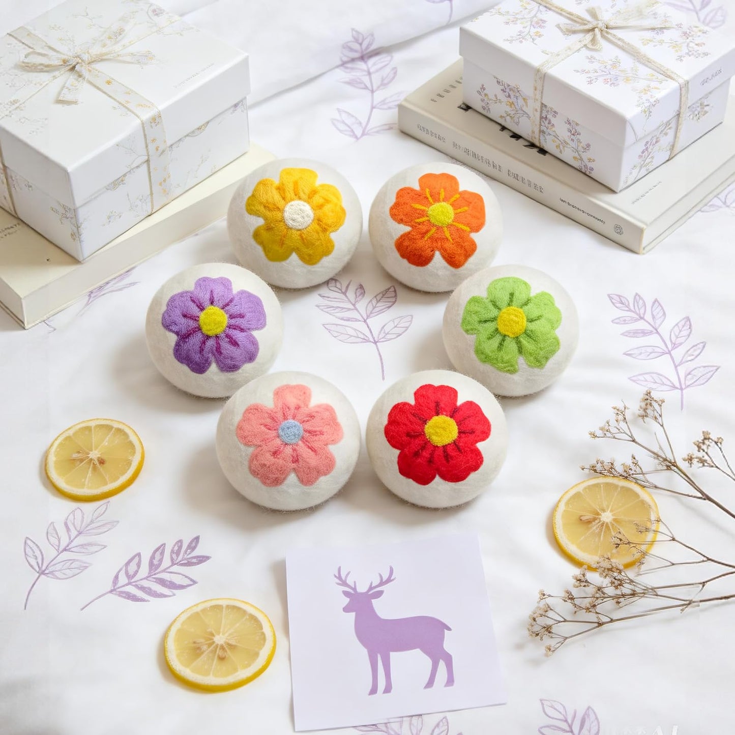 Uloryce Wool Dryer Balls XL 6 Pack, Reusable Laundry Dryer Balls with Cute Floral Design, Reduce Drying Time, Soften Clothes, Anti Static, Eco