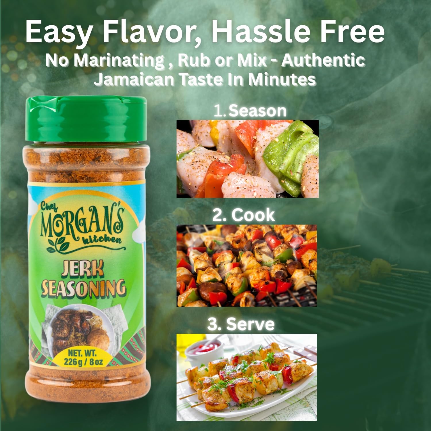 Chef Morgan’s Kitchen Jerk Seasoning - MSG & Gluten Free, 8oz. Authentic Jamaican Spice Blend for Jerk Chicken - Dry Rub for Grilling, Baking