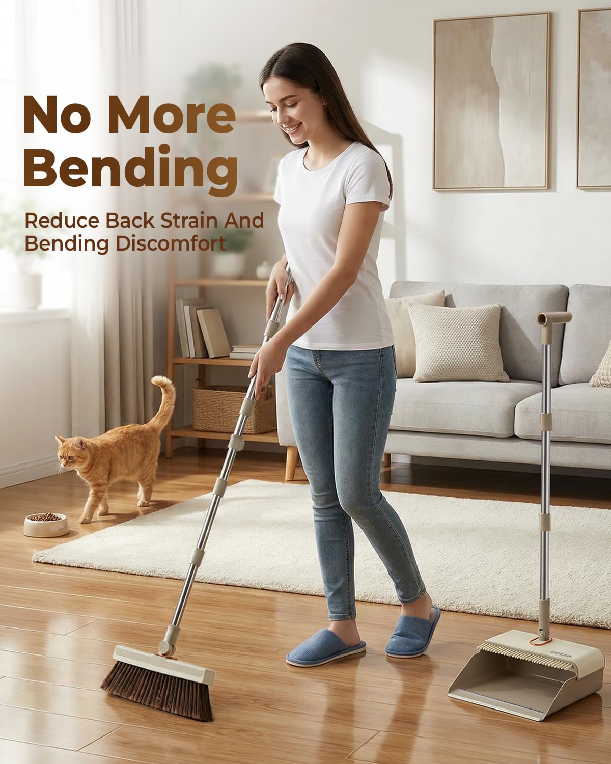 INDCAN Broom and Dustpan Set for Home, 54 Inch Long Handle Upright Broom, Rotatable Broom Head with Magnetic Mount & Self-Cleaning Teeth Comb, Indoor
