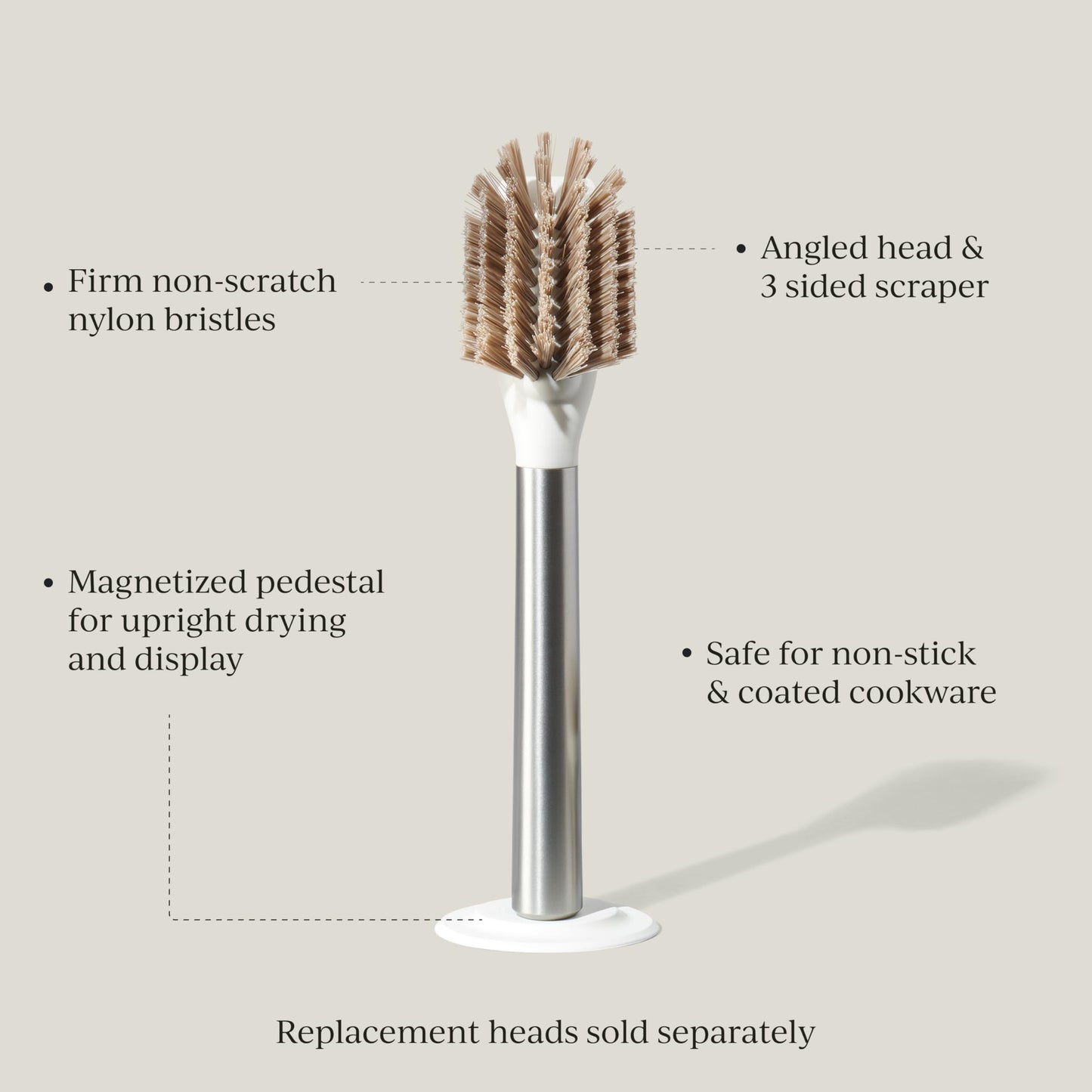 Curio Home Goods Ionic Dish Brush, Magnetized to Stand Upright, Stainless Steel with Replaceable Head, Silver