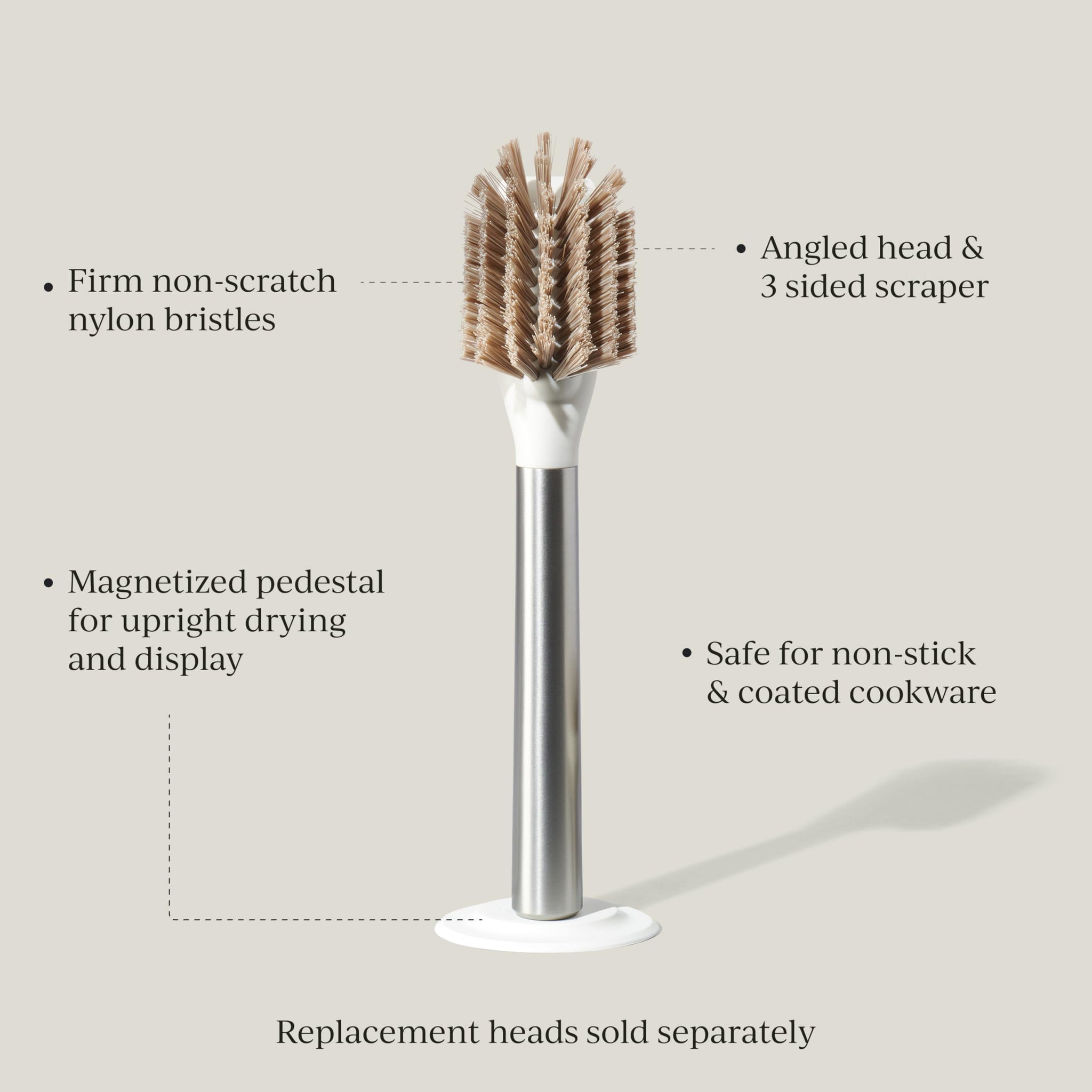 Curio Home Goods Ionic Dish Brush, Magnetized to Stand Upright, Stainless Steel with Replaceable Head, Silver