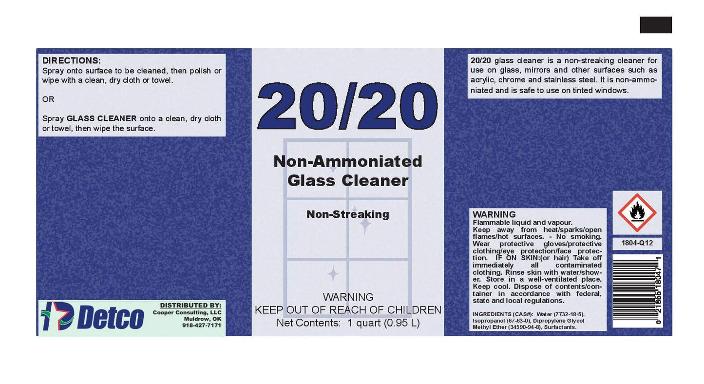 DETCO 20-20 Non-Streaking, Non-Ammoniated Glass Cleaner