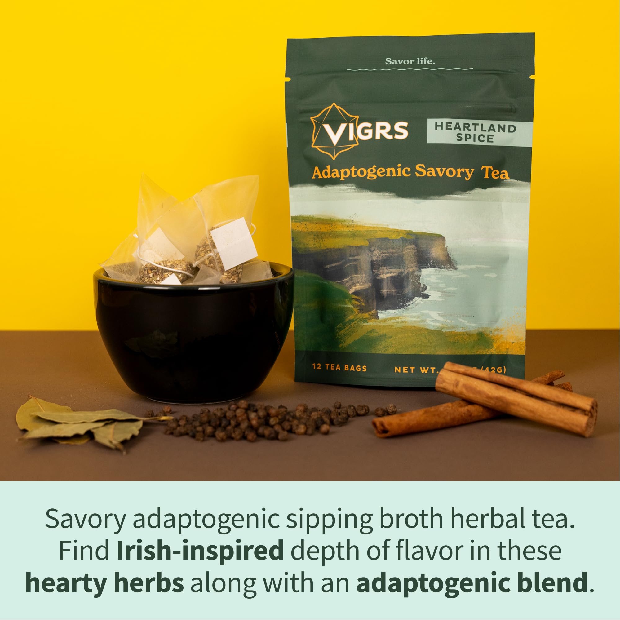 Vigrs Sipping Broth Adaptogenic Herbal Steep Sachets with Savory Seasonings, Heartland Spice Irish Flavor, Vegan, Keto, Gluten Free, Intermittent