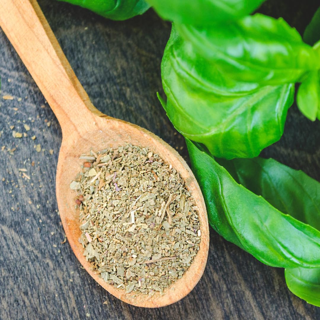 Olive & Vine Ground Basil, Herbaceous Flavor, Seasoning for Pasta, Soups, Salads, with Rich Tradition, Authentic Taste, For Global Recipes (3.20