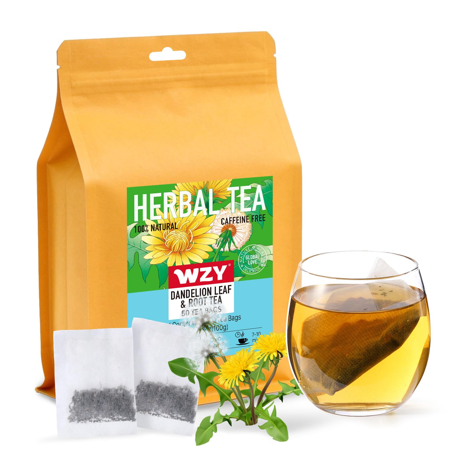 Dandelion Leaf & Root Tea bags, Natural Dandelion Herbal Tea, Non-GMO - Caffeine-Free, 50 Teabags, 2g/bag (Dandelion Leaf & Root)
