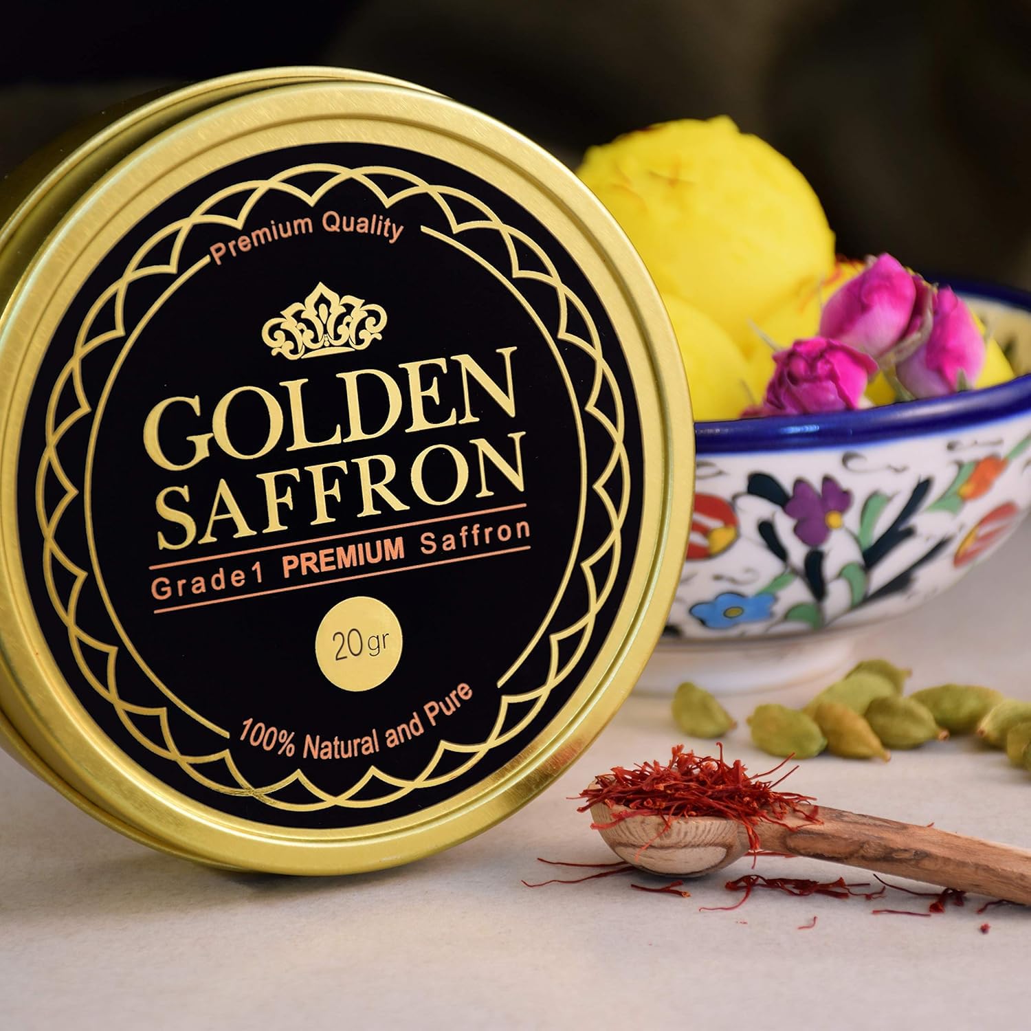 Golden Saffron, Finest Pure Premium All Red Saffron Threads, Grade A+ Super Negin, Non-GMO Verified. For Tea, Paella, Rice, Desserts, Golden Milk
