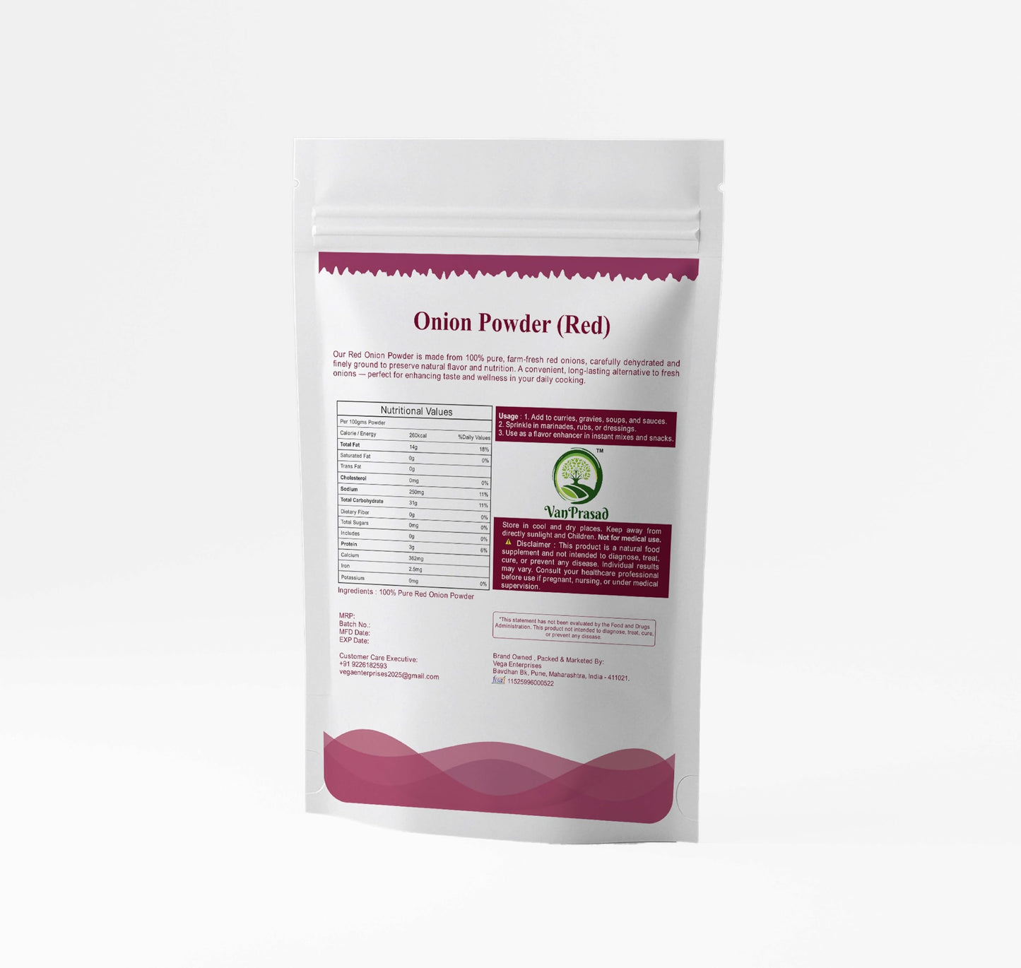 VanPrasad Pure Red Onion Powder | Natural & Hygienic | Rich Flavor & Aroma | No Preservatives | Vegan & Gluten-Free | Ideal for Curries, Soups