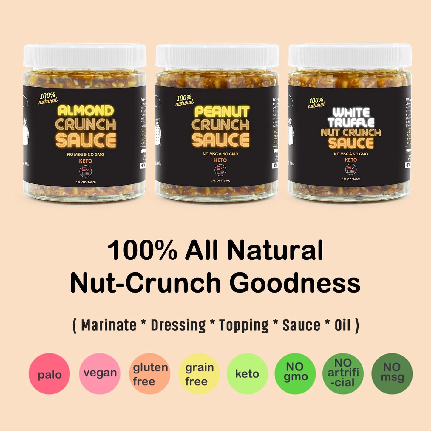 SAUCE UP Trio-Nut Crunch Sauce with White Truffle | Crunchy Roasted Almonds, Peanuts & Sunflower Seeds | Nutty, Bold & Umami-Rich Truffle Flavor |