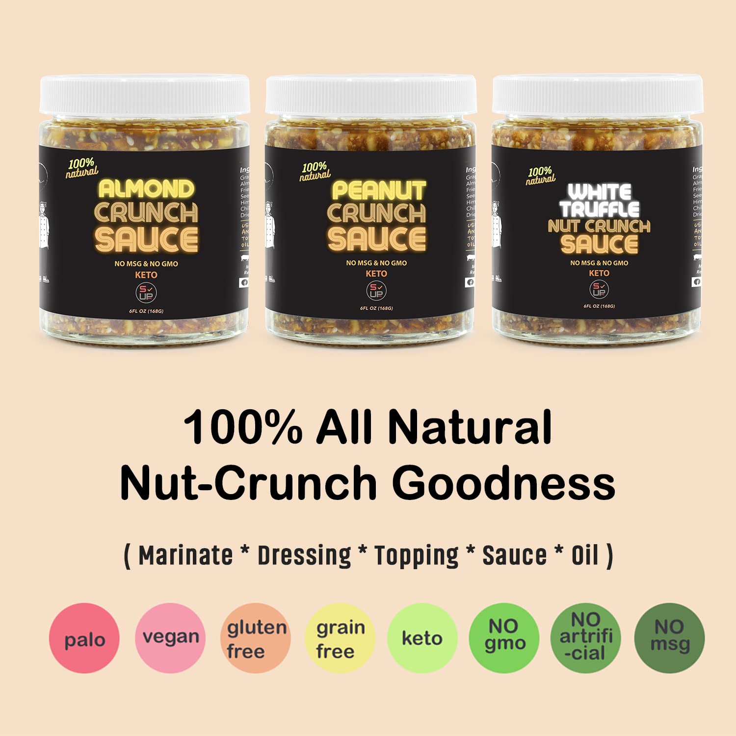 SAUCE UP Trio-Nut Crunch Sauce with White Truffle | Crunchy Roasted Almonds, Peanuts & Sunflower Seeds | Nutty, Bold & Umami-Rich Truffle Flavor |