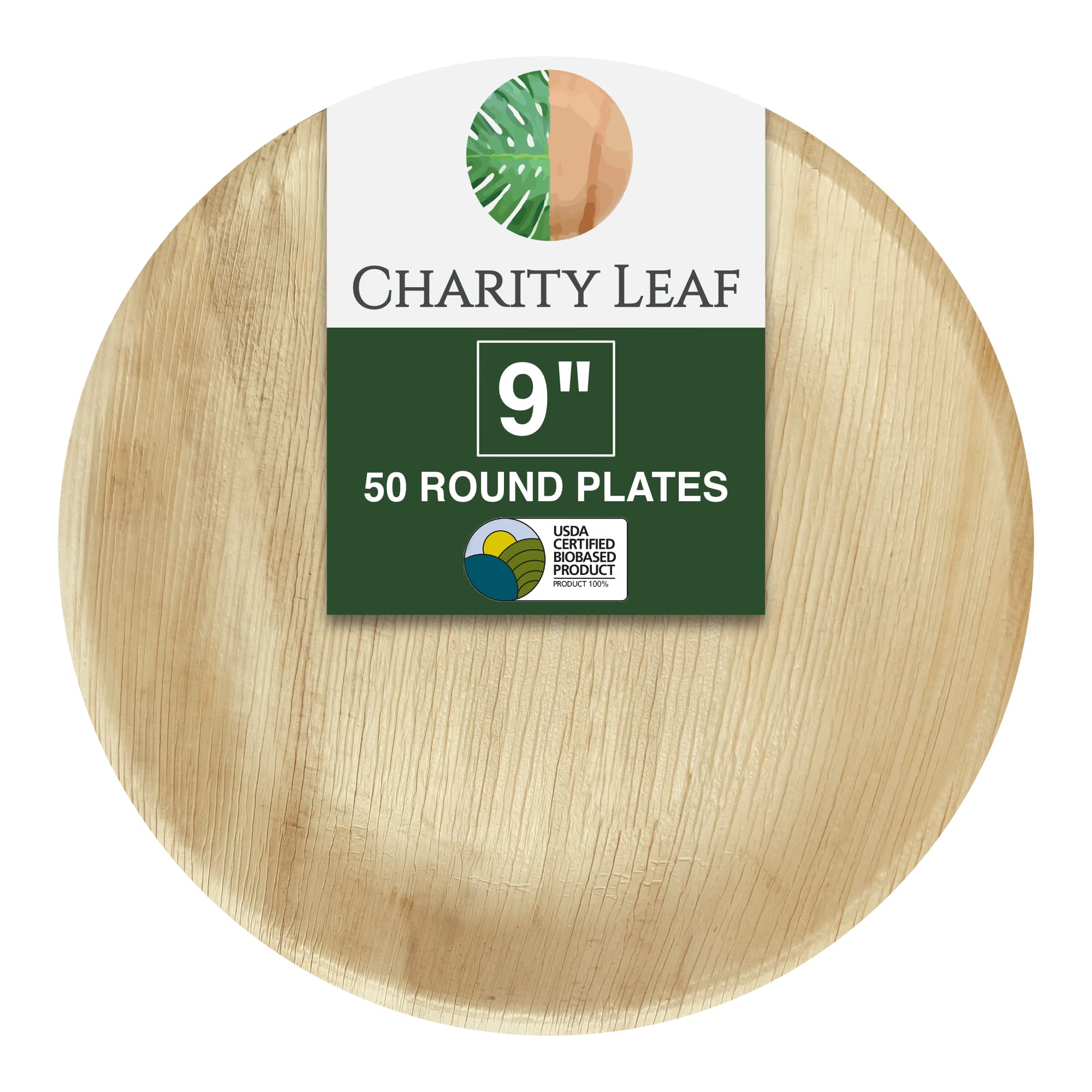 Charity Leaf Disposable Palm Leaf 9" Round Plates (50 pieces) Bamboo Like Serving Platters, Disposable Boards, Eco-Friendly Dinnerware For Weddings