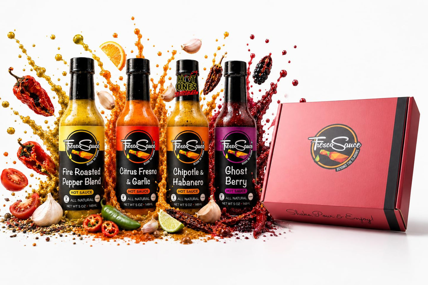 Hot Sauce Lover Gift Box by Fresco Sauce 4 Pack - Fire Roasted Pepper Blend - Citrus Fresno & Garlic - Chipotle & Habanero - Ghost Berry