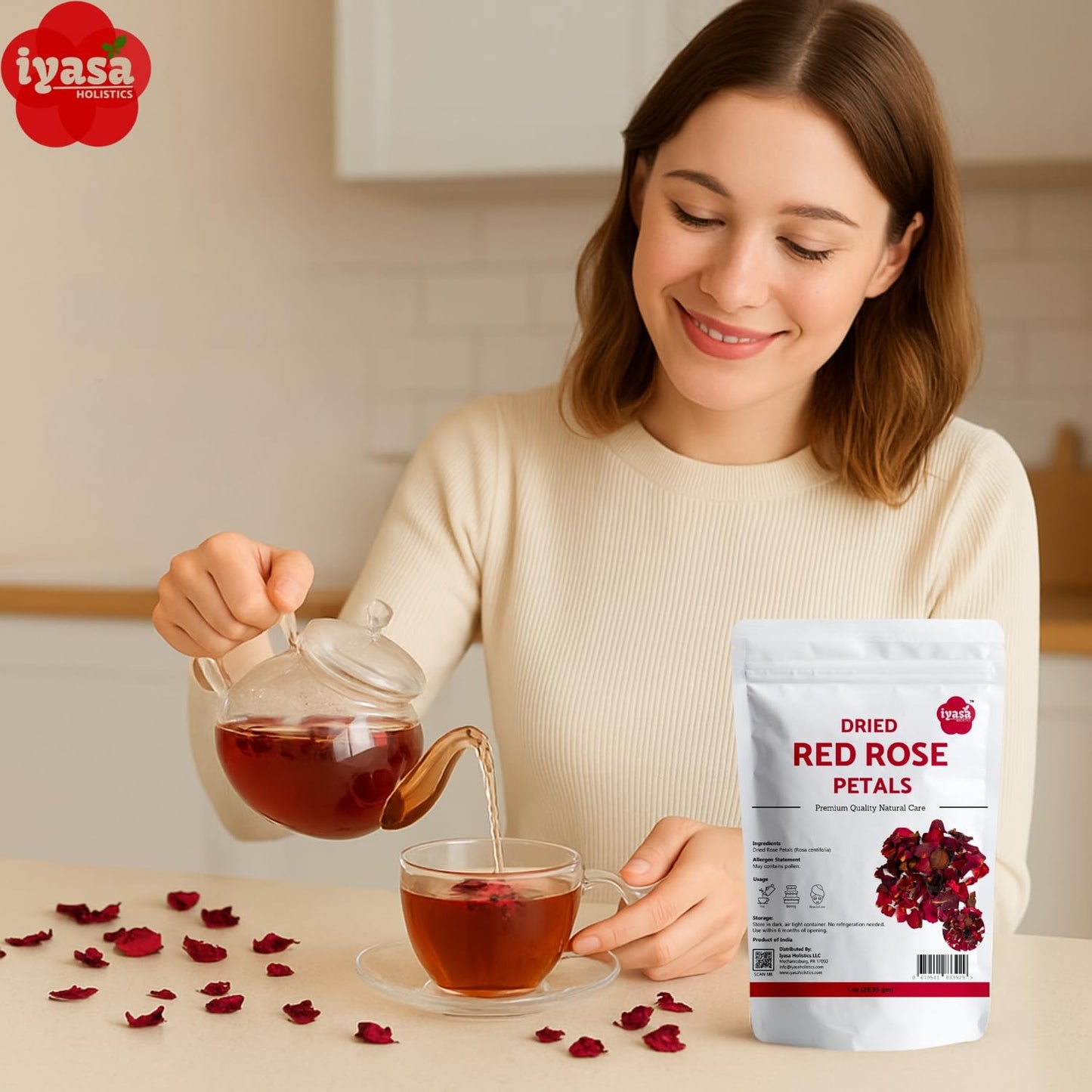 Iyasa Holistics Dried Rose Petals 1 oz - Food Grade Dried Rose Petals for Tea, Soap Making, Cocktails, Baking, Skincare & DIY - Chemical Free Edible