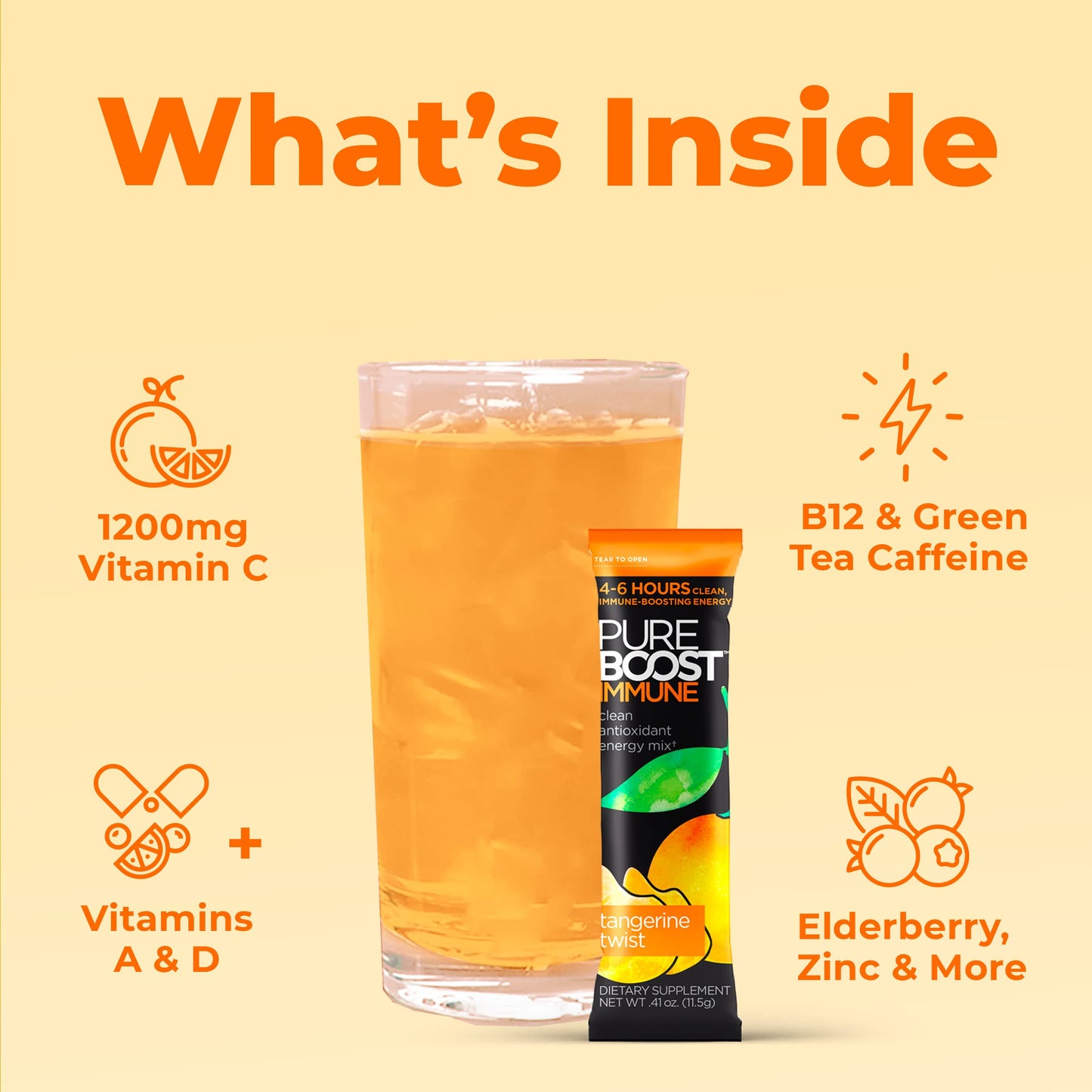 Pureboost Sugar-Free Immune Clean Energy Booster, Tangerine Twist 30 Count, Refreshing Energy Drink Mix and Immunity Supplement with Elderberry, 1,200