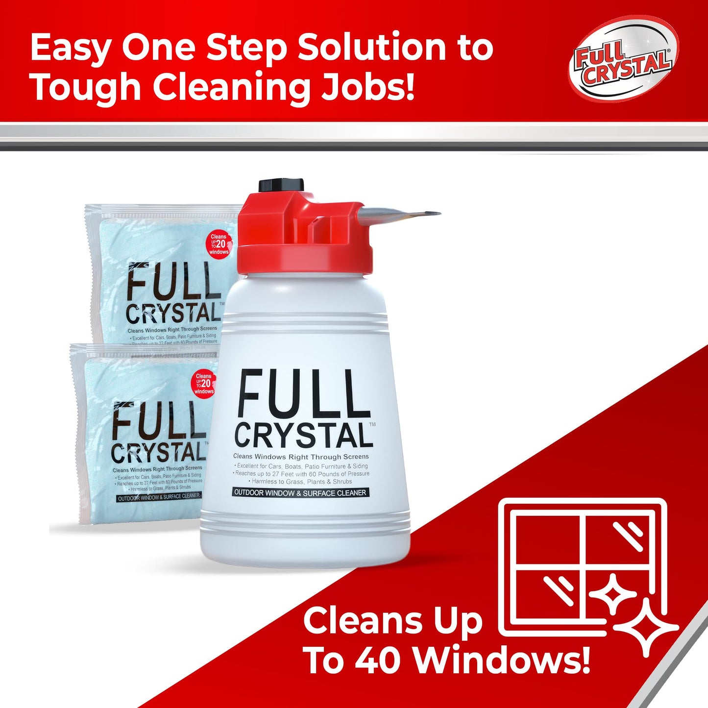 Full Crystal Window Cleaning Kit - 8 oz Glass Cleaner and Bottle with 27 ft Reach, Each 4 oz Bag Makes Up to 640 fl oz, Cleans Up to 40 Windows